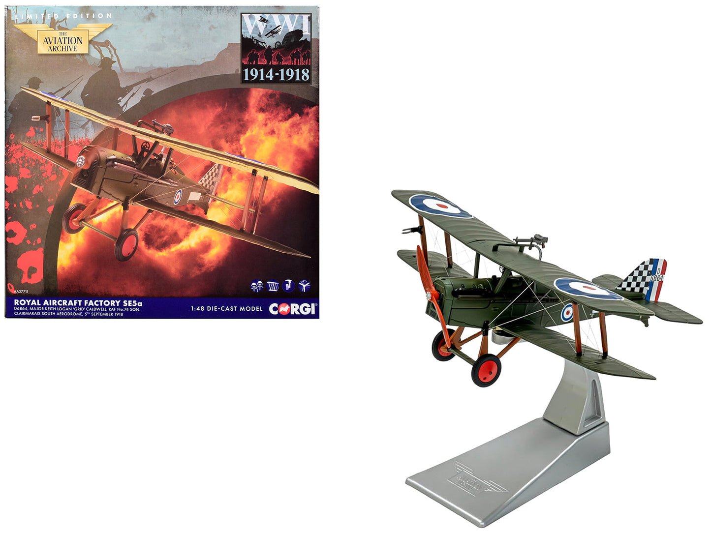 Royal Aircraft Factory SE5a Biplane Aircraft "D6864 Major Keith Logan Caldwell No. 74 Squadron Clairmarais South Aerodrome" (1918) Royal Air Force "The Aviation Archive" Series 1/48 Diecast Model