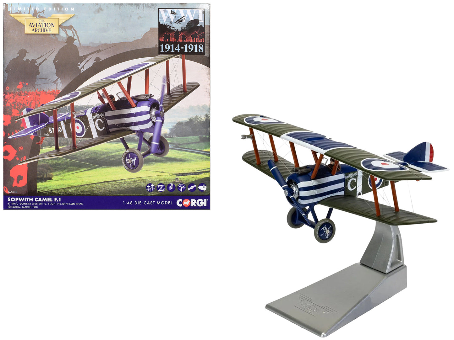 Sopwith Camel F.1 Aircraft "B7190 Donner Wetter! 'C' Flight No. 10 Squadron" (1918) Royal Naval Air Service "The Aviation Archive" Series 1/48 Diecast Model