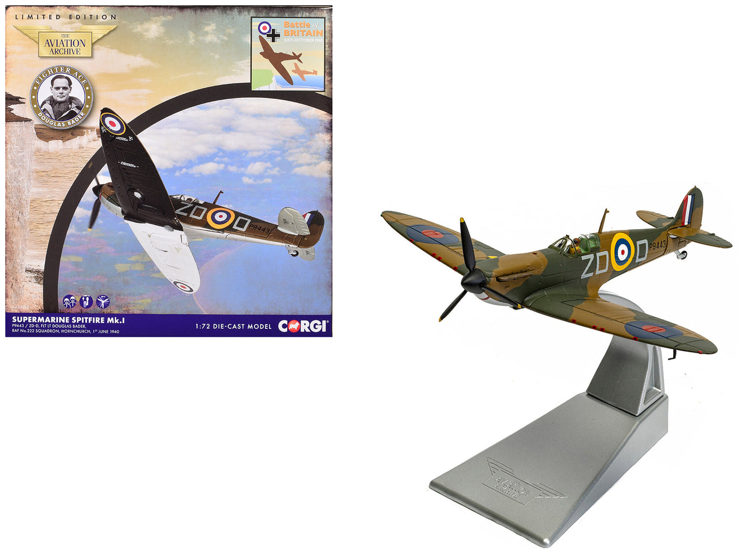 Supermarine Spitfire MkI Fighter Aircraft "P9443 ZD-D Flight Lieutenant Douglas Bader No. 222 Squadron Battle of Britain" (1940) Royal Air Force "The Aviation Archive" Series 1/72 Diecast Model