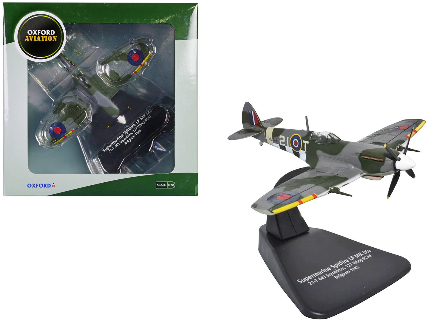 Supermarine Spitfire Mk IXE Fighter Aircraft "21-T 443 Squadron 127 Wing Belgium" (1945) Royal Canadian Air Force "Oxford Aviation" Series 1/72 Diecast Model Airplane