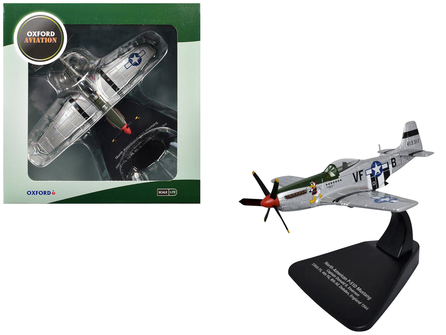 North American P-51D Mustang Fighter Aircraft "Captain Donald Emerson 336th Fighter Squadron 4th Fighter Group 8th AF Debden England" (1944) United States Army Air Forces "Oxford Aviation" Series 1/72 Diecast Model Airplane