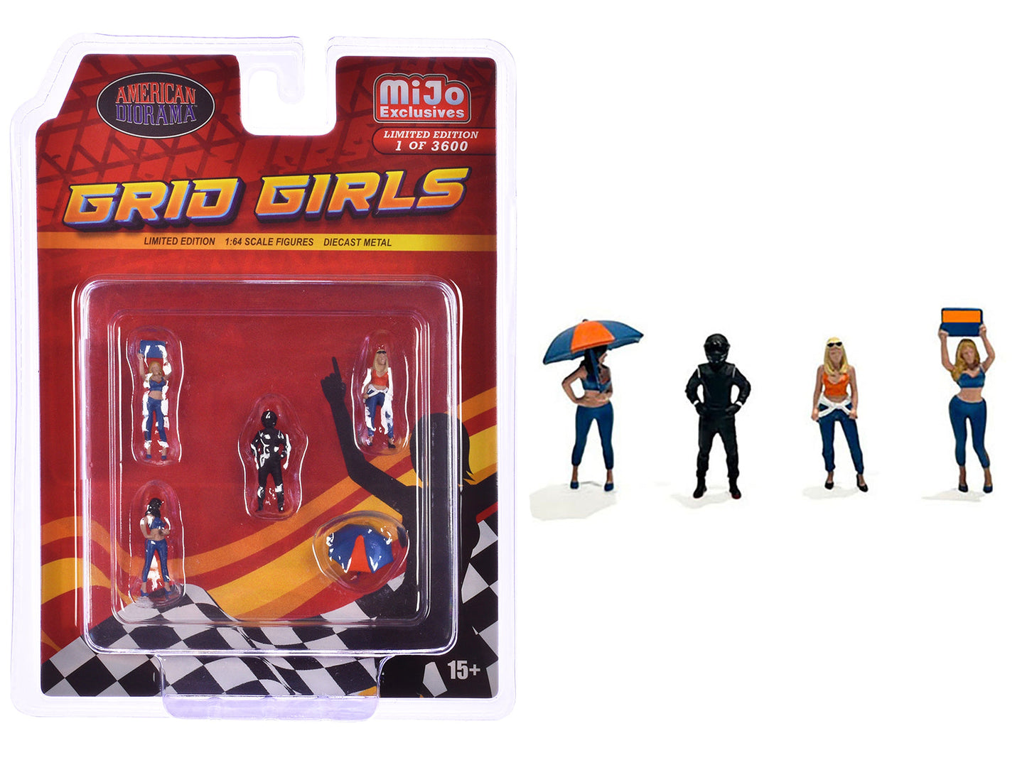 "Grid Girls" 5 piece Diecast Figure Set (4 People Figures 1 Umbrella) Limited Edition to 3600 pieces Worldwide for 1/64 Scale Models