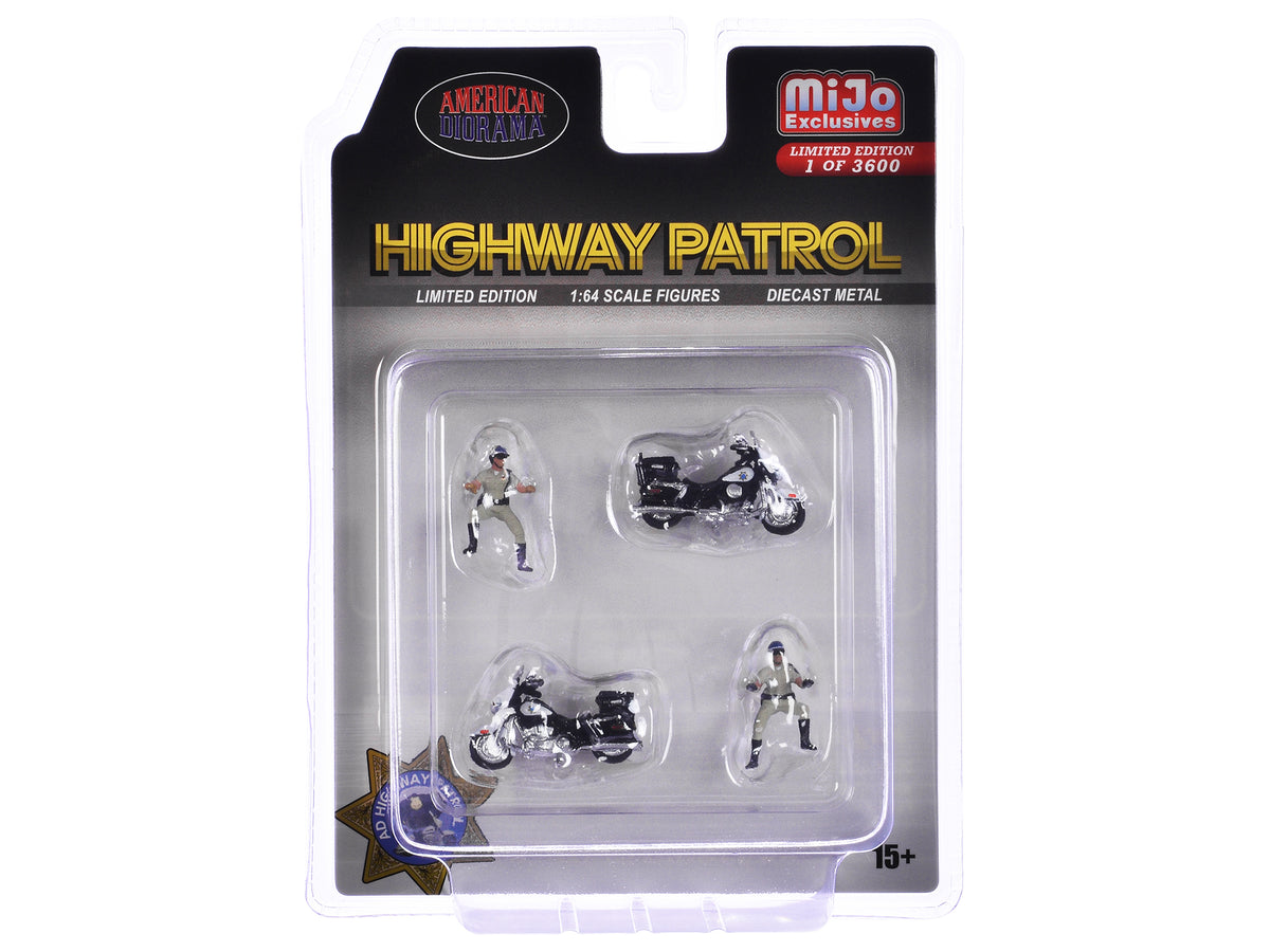 "Highway Patrol" 4 piece Diecast Figure Set (2 Figures 2 Motorcycles) Limited Edition to 3600 pieces Worldwide for 1/64 Scale Models