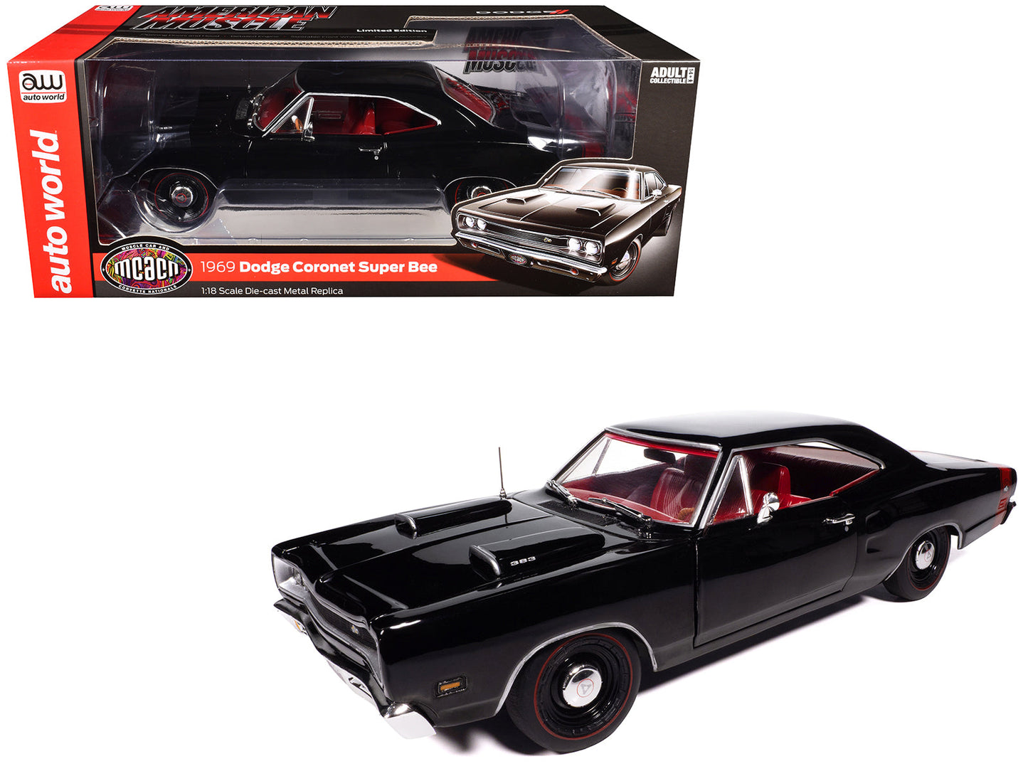 1969 Dodge Coronet Super Bee "Muscle Car & Corvette Nationals" (MCACN) Black with Red Interior "American Muscle" Series 1/18 Diecast Model Car