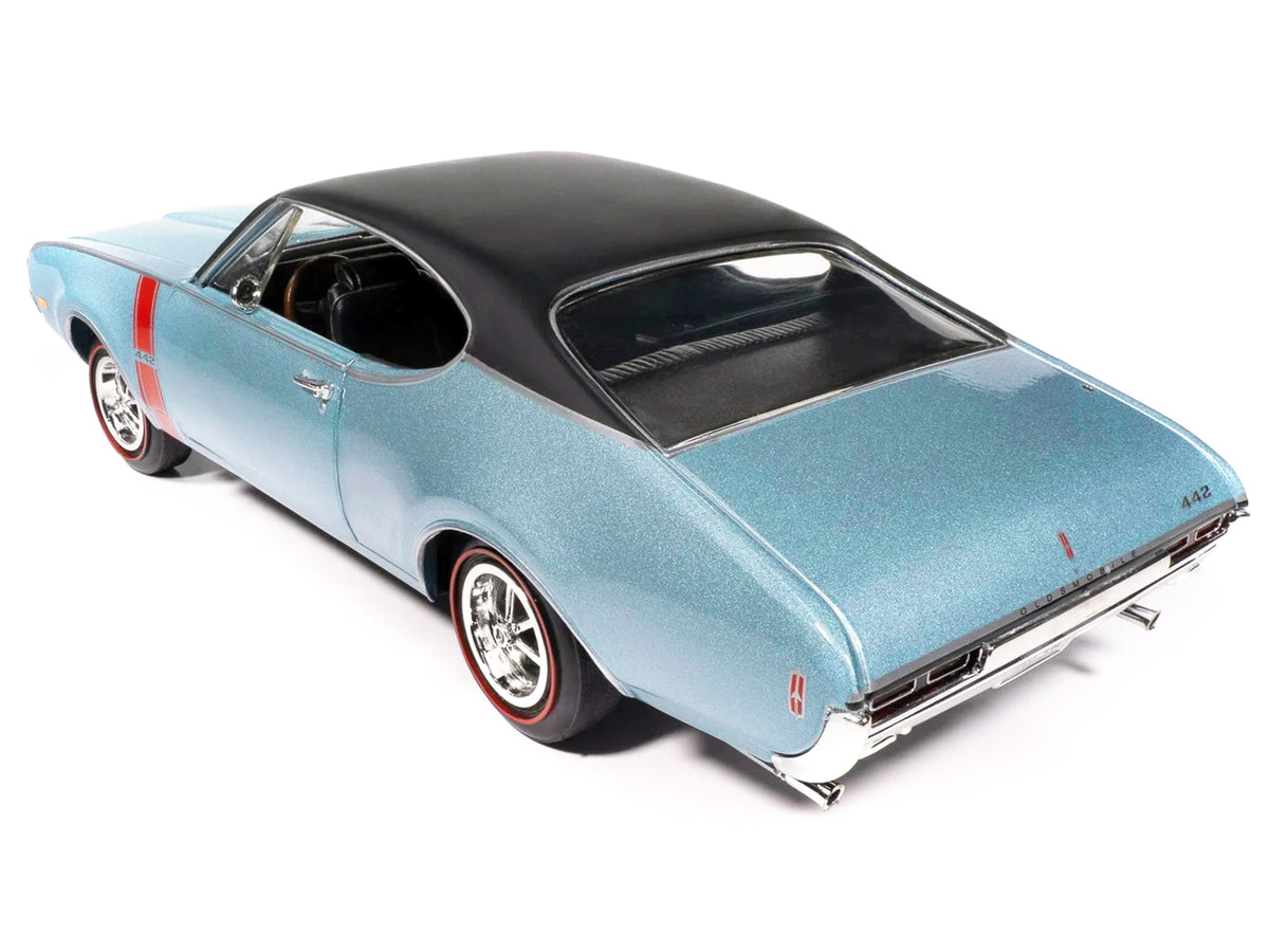 1968 Oldsmobile 442 W30 Holiday Coupe Teal Frost Metallic with Red Stripes and Black Vinyl Top "Hemmings Motor News July 2023 Cover Car" "American Muscle" Series 1/18 Diecast Model Car