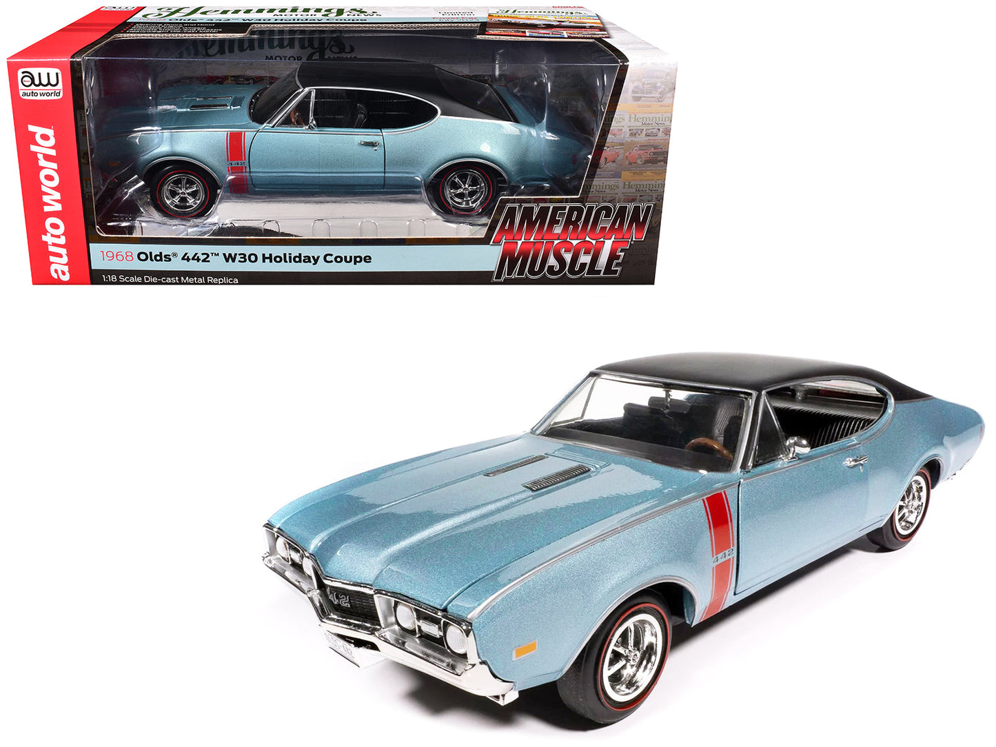 1968 Oldsmobile 442 W30 Holiday Coupe Teal Frost Metallic with Red Stripes and Black Vinyl Top "Hemmings Motor News July 2023 Cover Car" "American Muscle" Series 1/18 Diecast Model Car