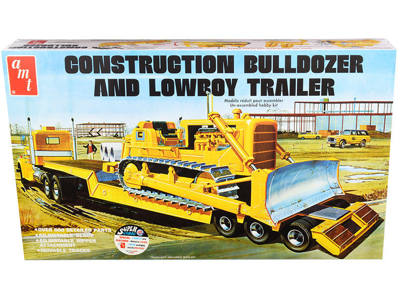 Skill 3 Model Kit Construction Bulldozer and Lowboy Trailer Set of 2 pieces 1/25 Scale Model
