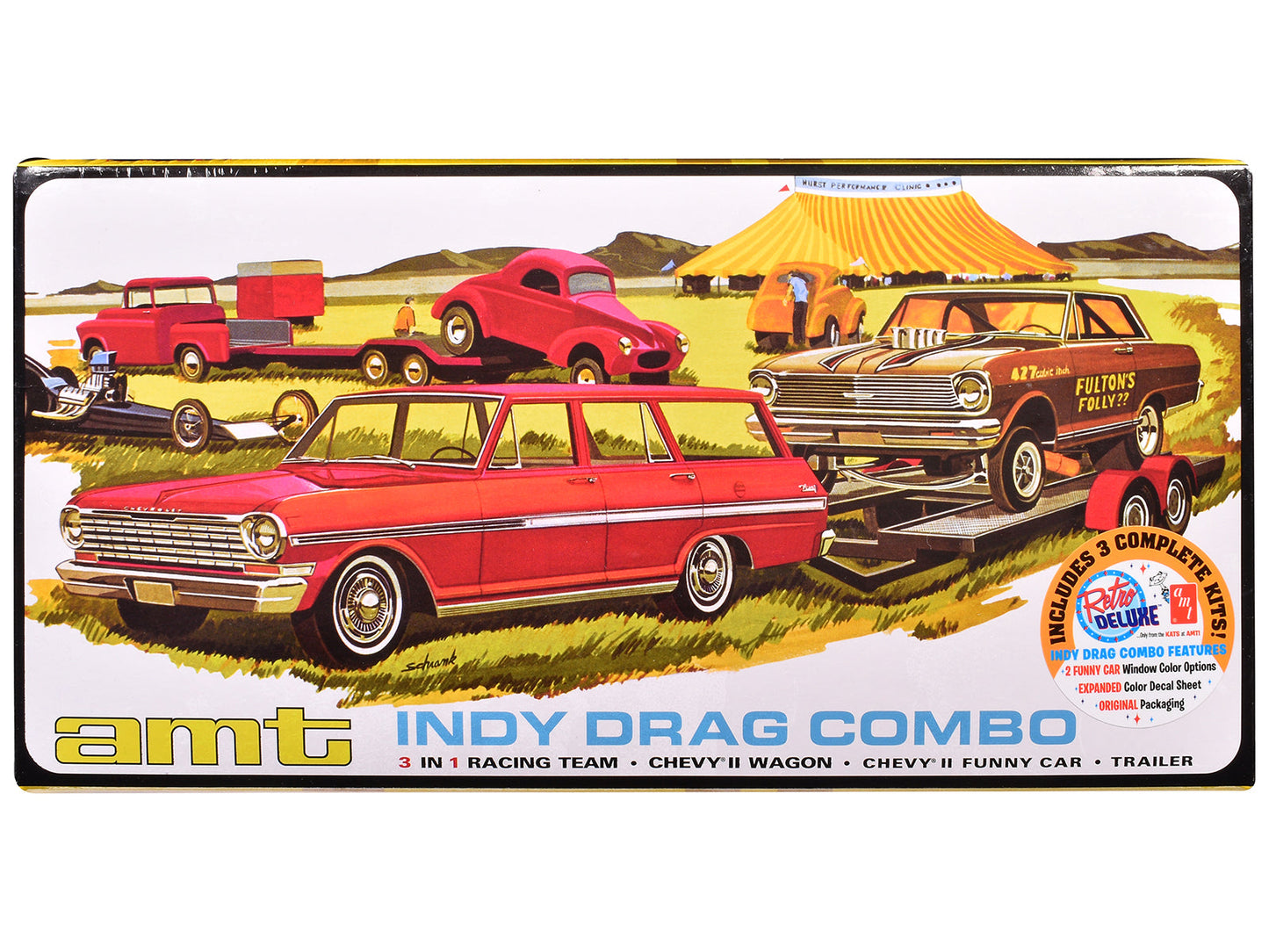 Skill 2 Model Kit Indy Drag Combo Chevrolet II Wagon and Funny Car with Trailer 3 in 1 Set 1/25 Scale Model