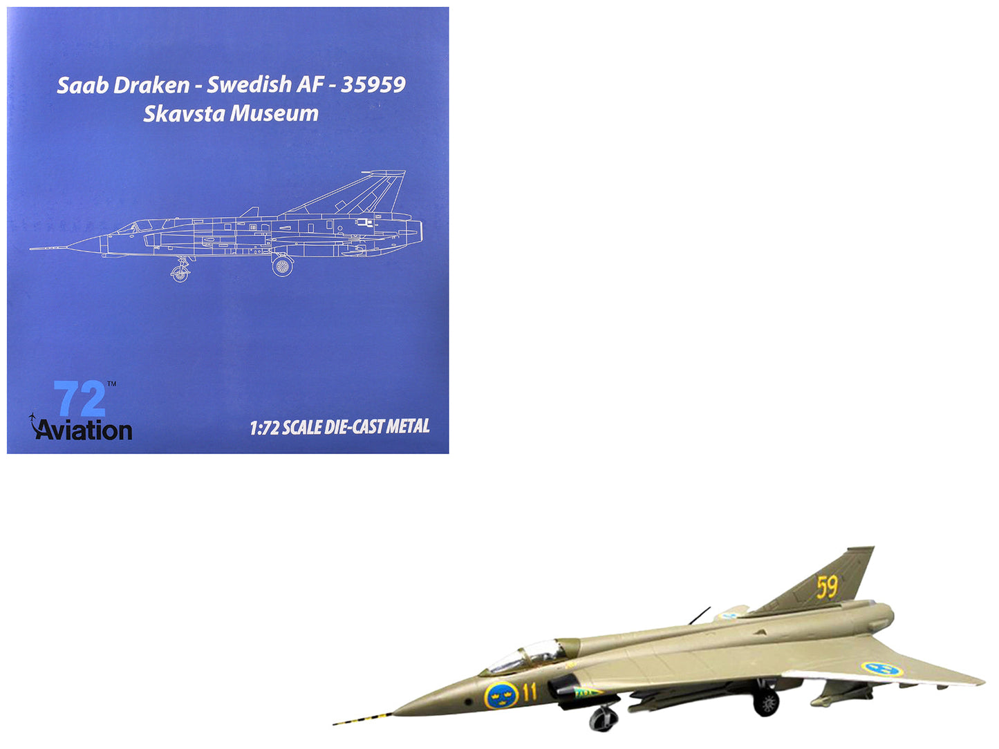Saab S35 Draken Fighter Aircraft "59 F 11 Wing Skavsta Museum" (1979) Swedish Air Force 1/72 Diecast Model Airplane