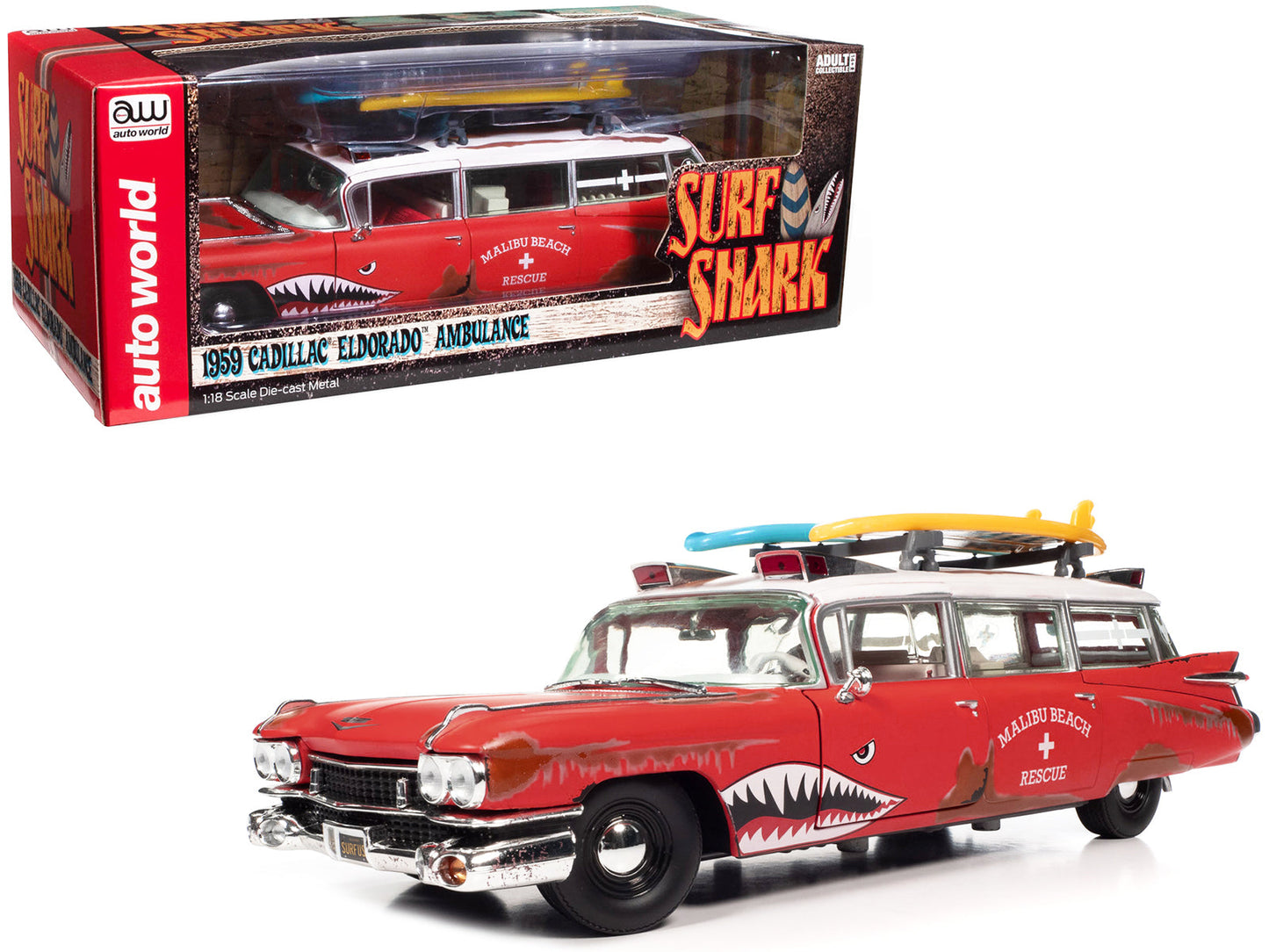 1959 Cadillac Eldorado Ambulance Red with White Top "Malibu Beach Rescue" (Weathered) with Surfboards on Roof "Surf Shark" 1/18 Diecast Model Car