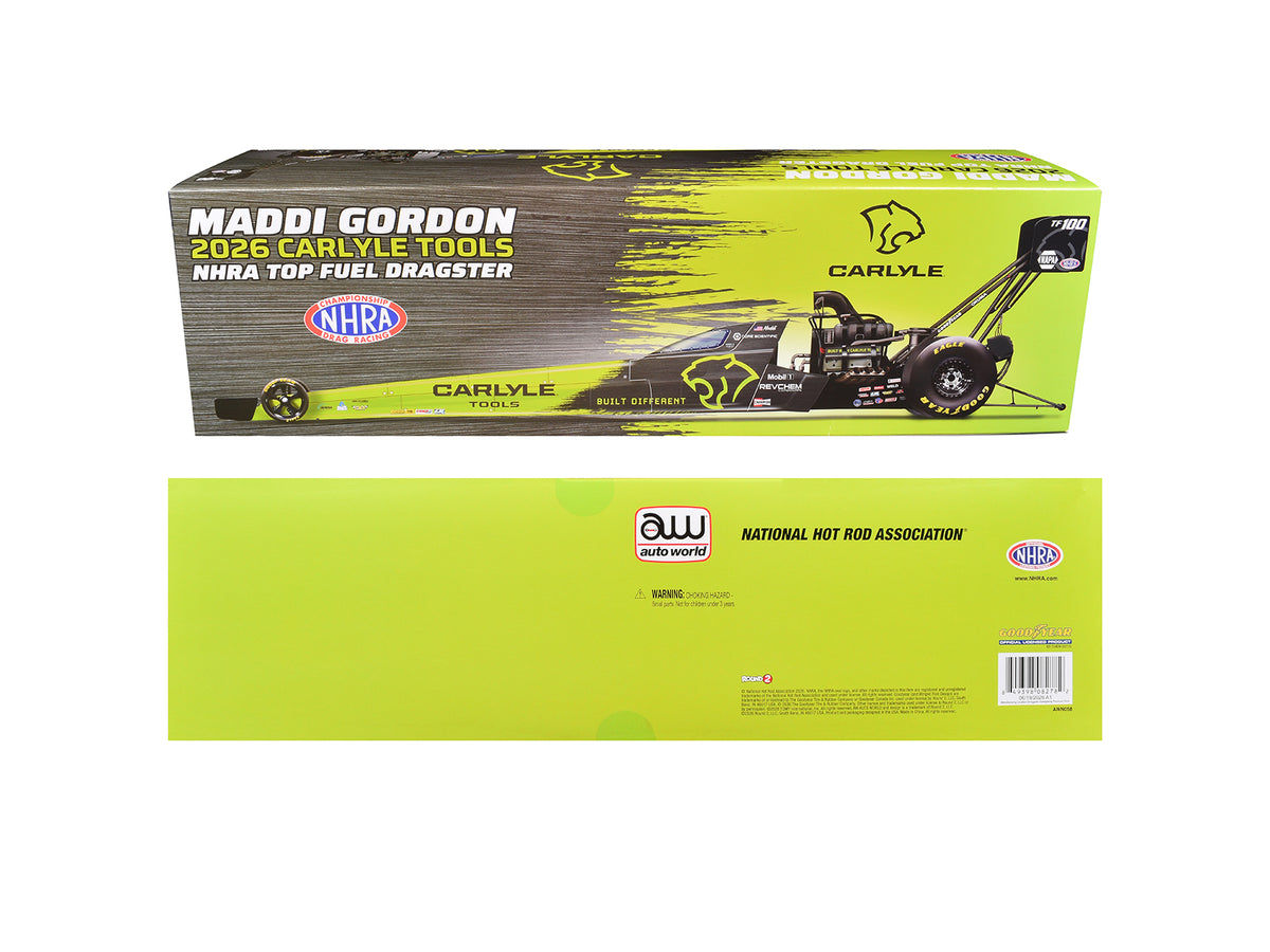 NHRA TFD (Top Fuel Dragster) #TF100 Maddi Gordon "Carlyle Tools" Green and Black (2026) 1/24 Diecast Model Car Auto World