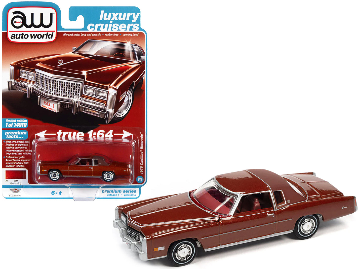 1975 Cadillac Eldorado Firethorn Red Metallic with Rear Section of Roof Matt Dark Red "Luxury Cruisers" Limited Edition to 14910 pieces Worldwide 1/64 Diecast Model Car
