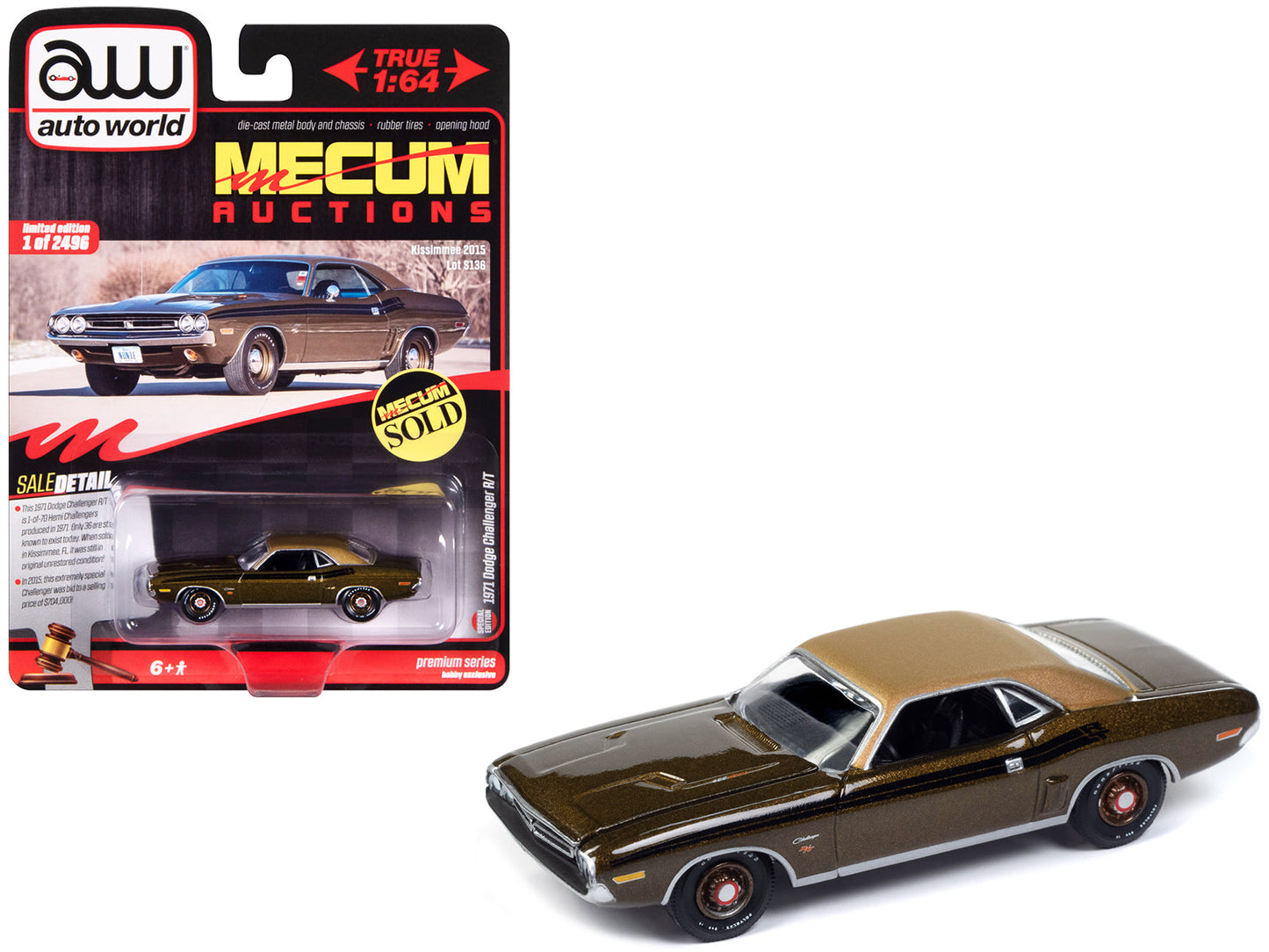 1971 Dodge Challenger R/T Dark Gold Metallic with Gold Vinyl Roof "Mecum Auctions" Limited Edition to 2496 pieces Worldwide "Premium" Series 1/64 Diecast Model Car