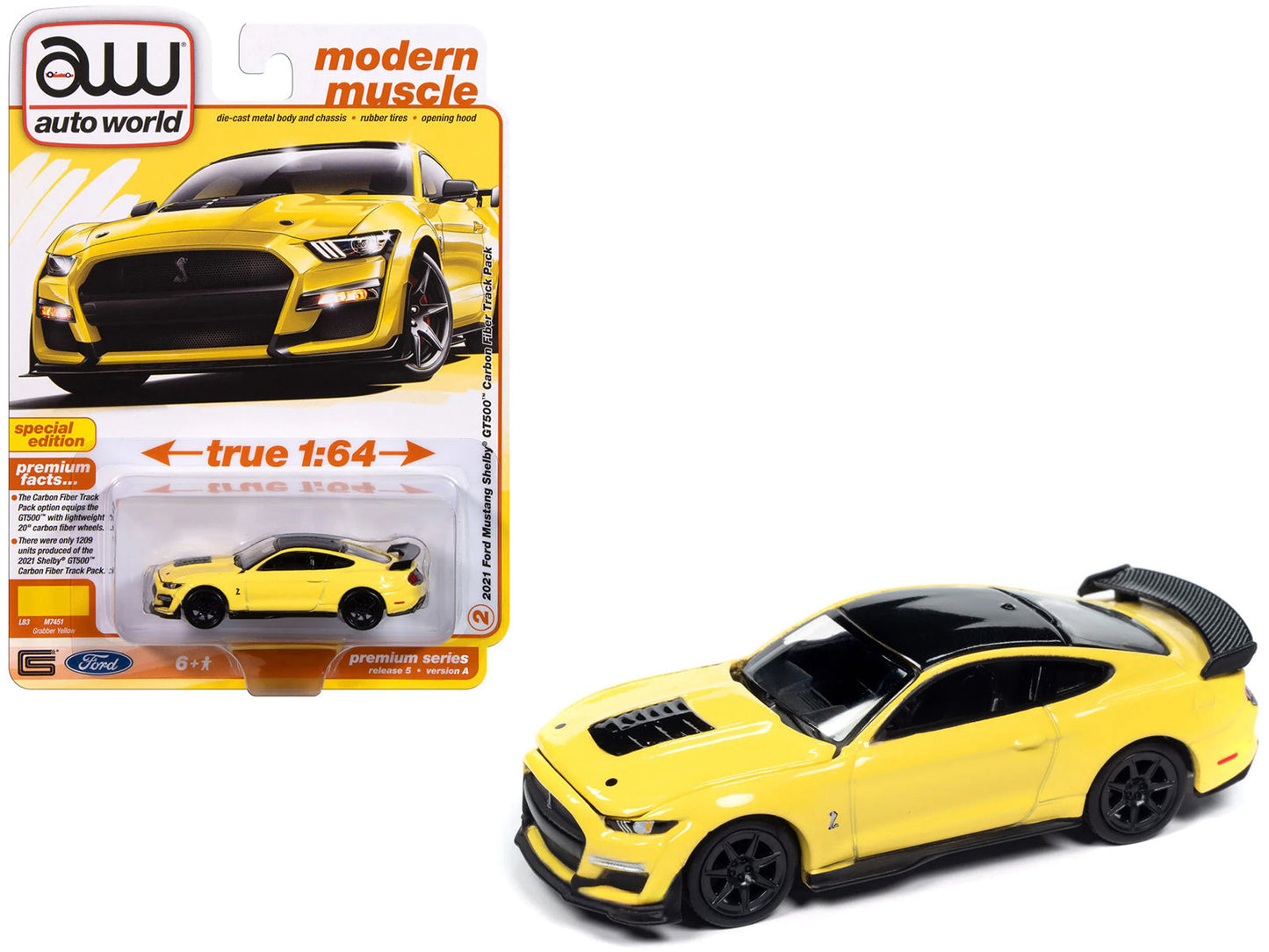 2021 Ford Mustang Shelby GT500 Carbon Fiber Track Pack Grabber Yellow with Black Top "Modern Muscle" Series 1/64 Diecast Model Car