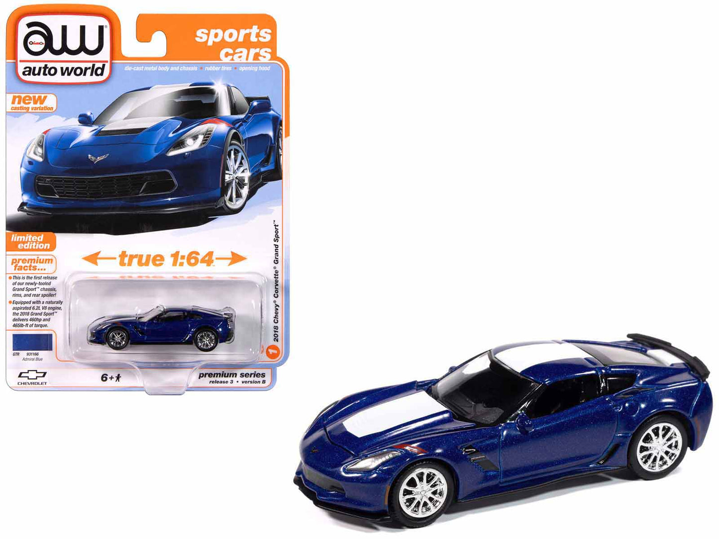2018 Chevrolet Corvette Grand Sport Admiral Blue with White Stripe "Sports Cars" Series 1/64 Diecast Model Car