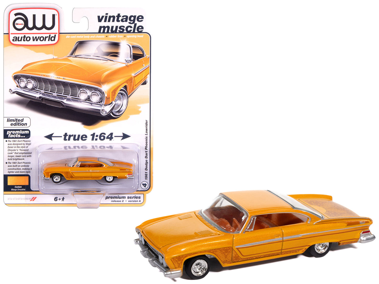 1961 Dodge Dart Phoenix Lowrider Mango Smoothie Metallic with Graphics and Orange Interior "Vintage Muscle" Series 1/64 Diecast Model Car
