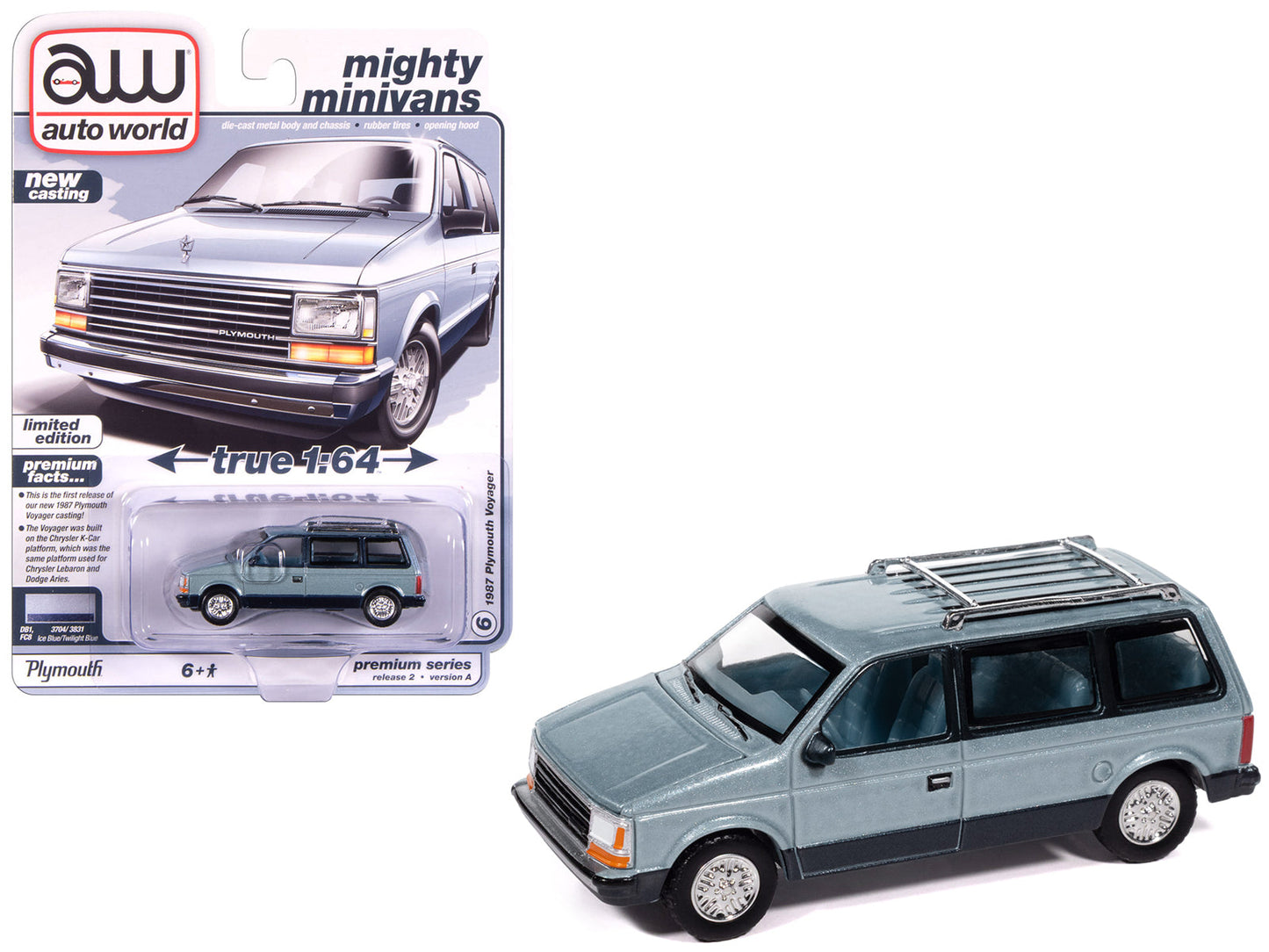 1987 Plymouth Voyager Van Ice Blue Metallic and Twilight Blue Metallic 2-Tone with Blue Interior "Mighty Minivans" Series 1/64 Diecast Model Car