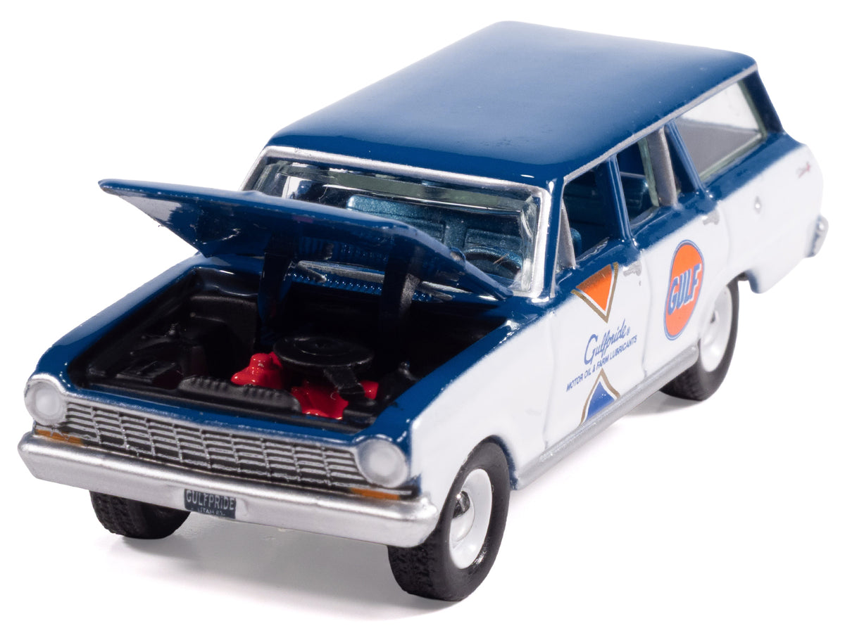 1963 Chevrolet II Nova 400 Wagon "Gulf" Blue and White with Blue Interior "Big Country Collectibles" 2025 Series 1/64 Diecast Model Car