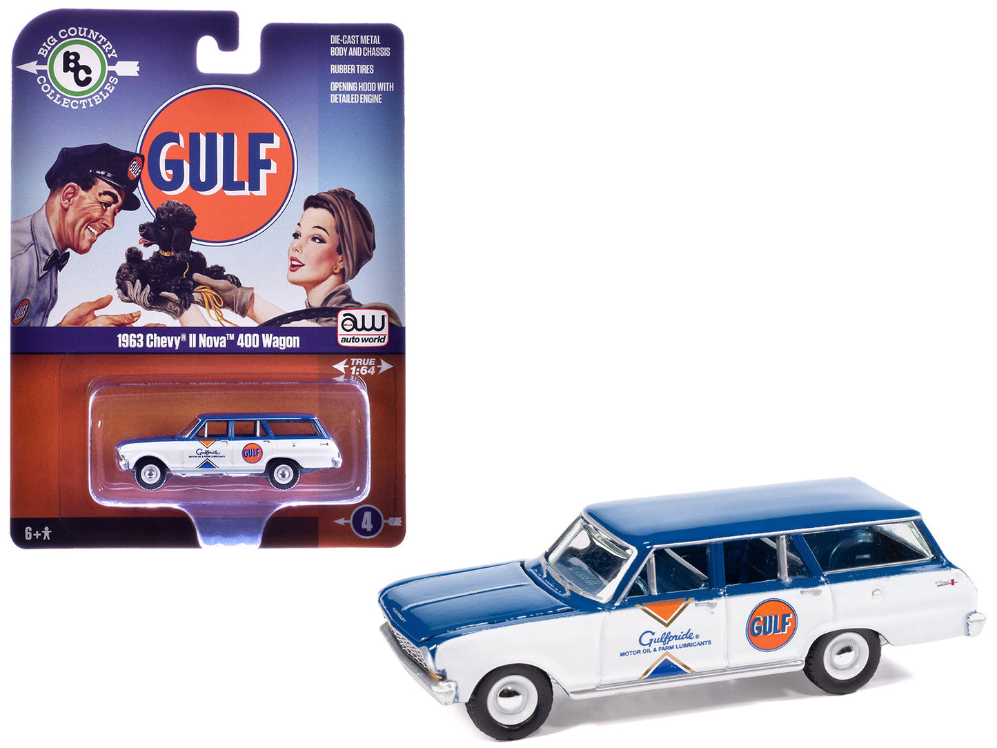 1963 Chevrolet II Nova 400 Wagon "Gulf" Blue and White with Blue Interior "Big Country Collectibles" 2025 Series 1/64 Diecast Model Car