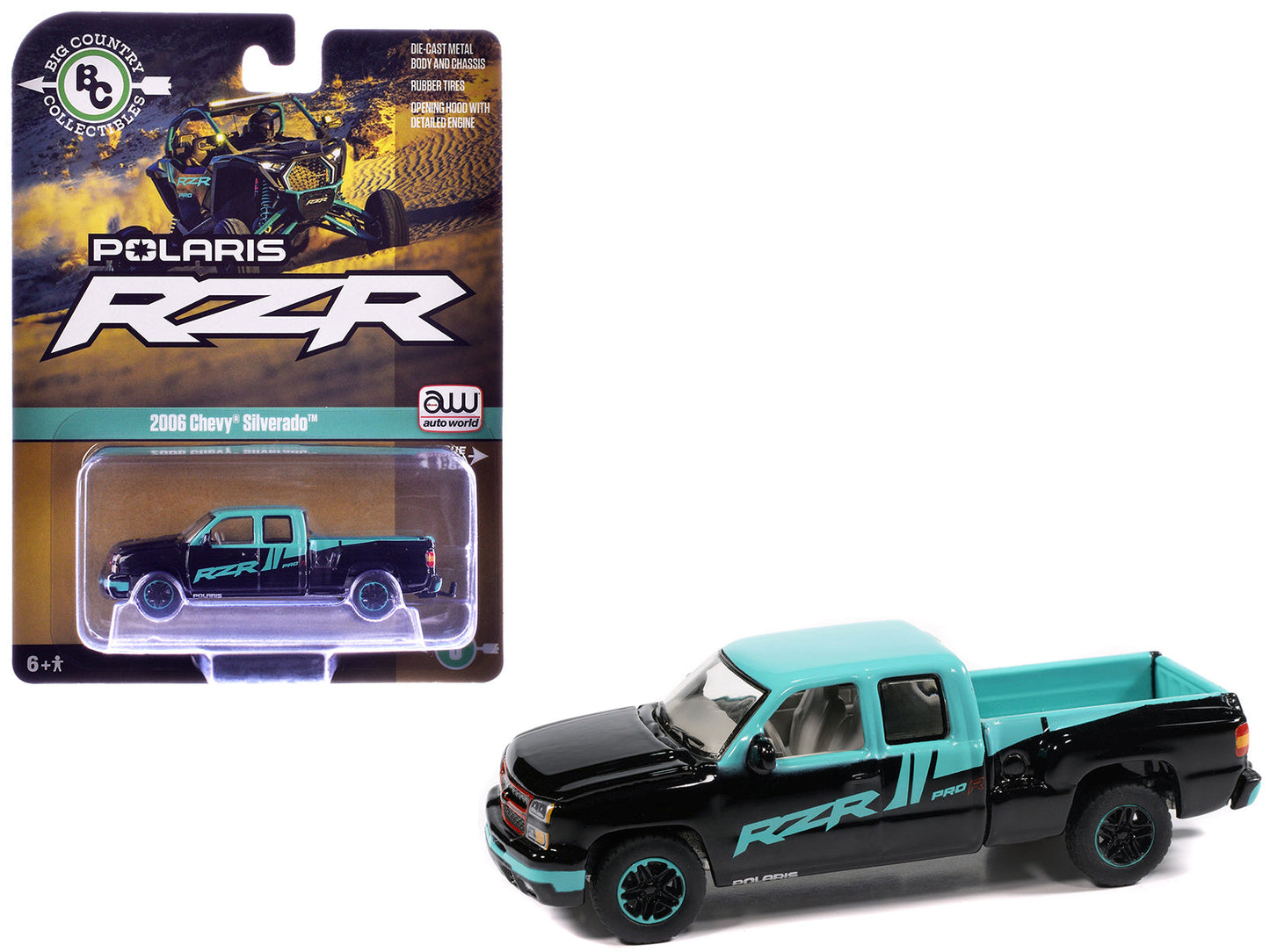2006 Chevrolet Silverado Pickup Truck "Polaris RZR" Black and Blue "Big Country Collectibles" 2025 Series 1/64 Diecast Model Car