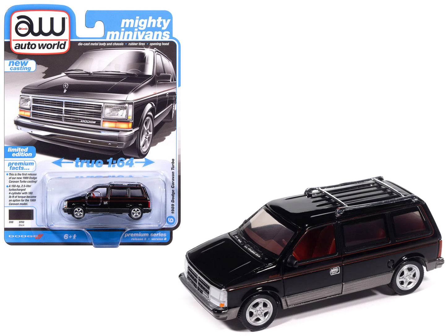 1989 Dodge Caravan Turbo Van Black with Red Stripes and Interior "Mighty Minivans" Series 1/64 Diecast Model Car