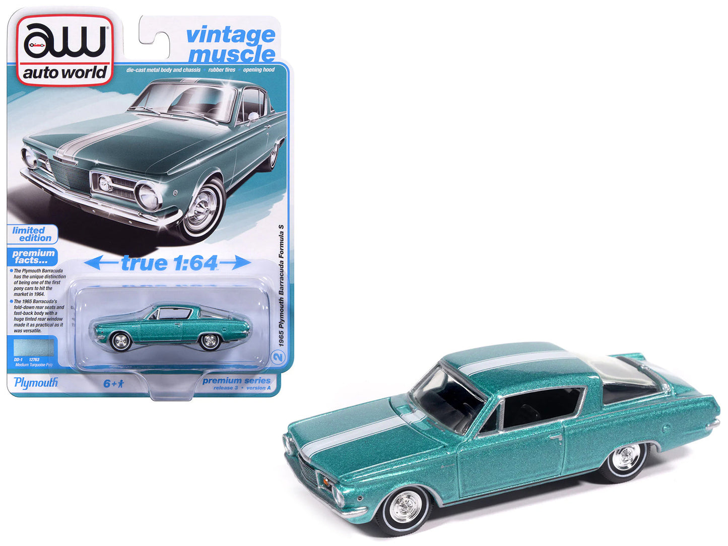 1965 Plymouth Barracuda Formula S Turquoise Metallic with White Stripe "Vintage Muscle" Series 1/64 Diecast Model Car