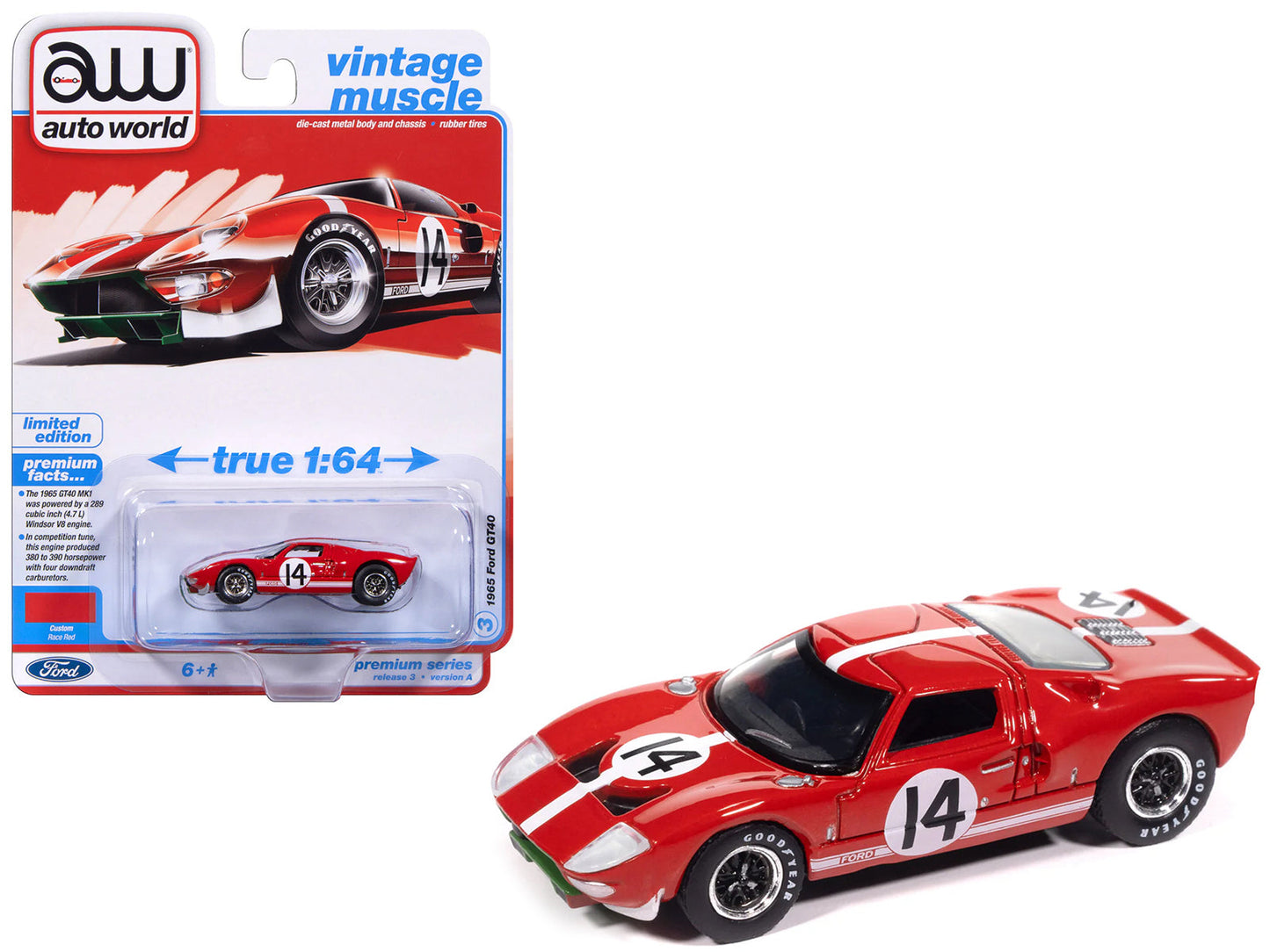 1965 Ford GT40 #14 Red with White Stripes "Vintage Muscle" Series 1/64 Diecast Model Car