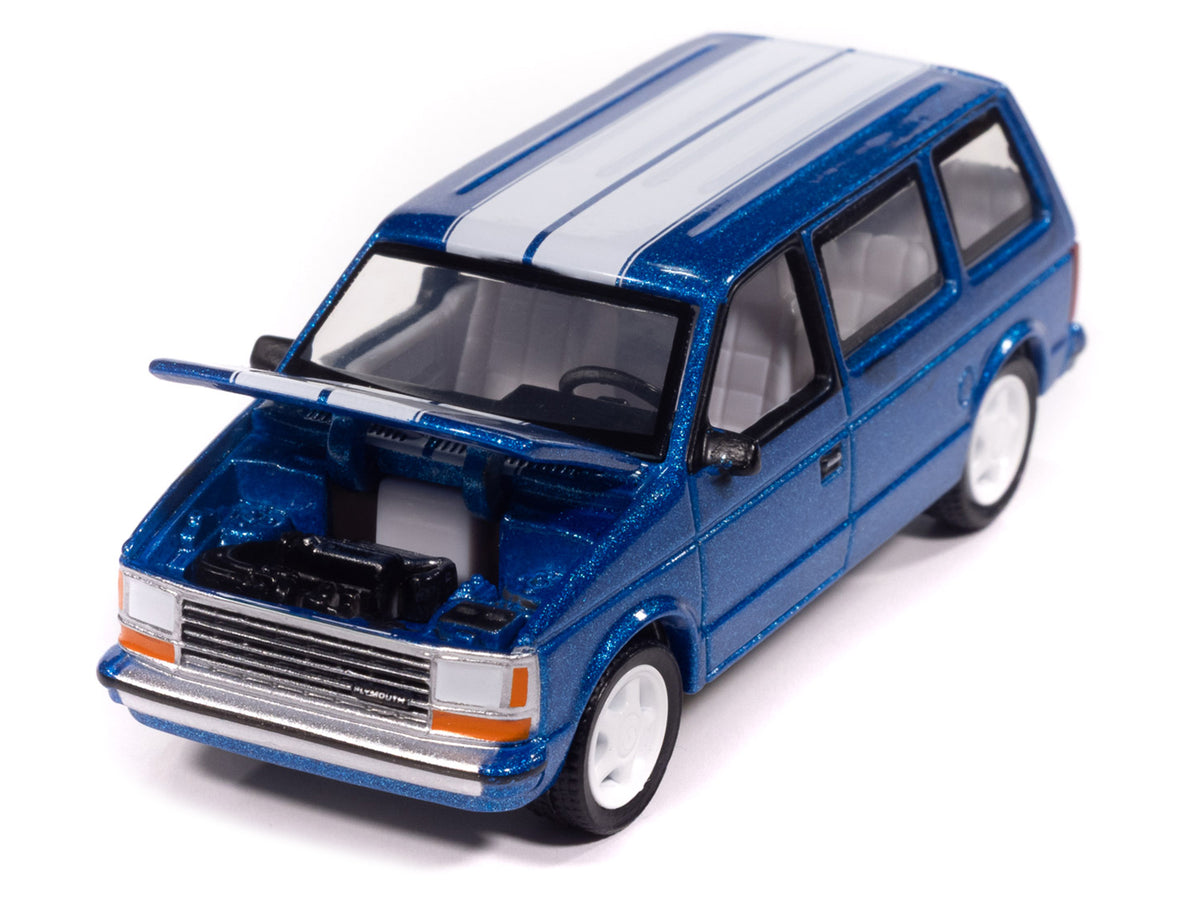 1989 Plymouth Voyager Turbo Van Daytona Blue Metallic with White Stripes and Interior "Mighty Minivans" Series 1/64 Diecast Model Car
