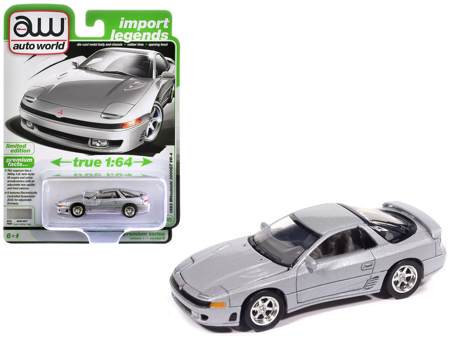 1993 Mitsubishi 3000GT VR-4 Zurich White Silver Metallic "Import Legends" Series 1/64 Diecast Model Car