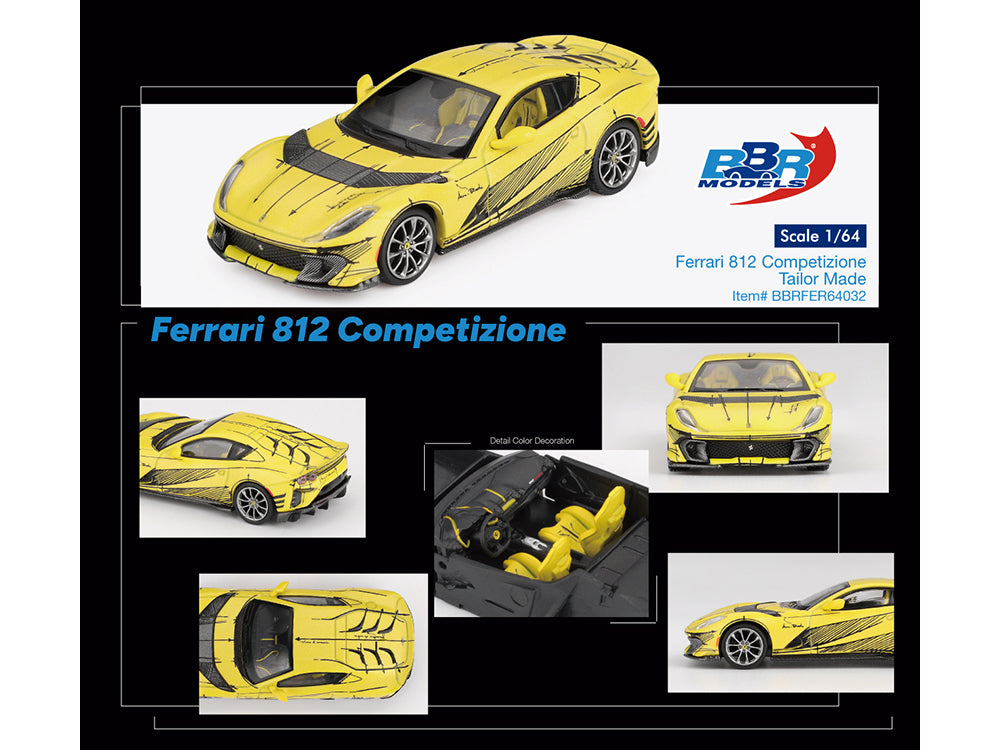 Ferrari 812 Competizione Matt Yellow with Graphics and Yellow Interior "Tailor Made" 1/64 Diecast Model Car