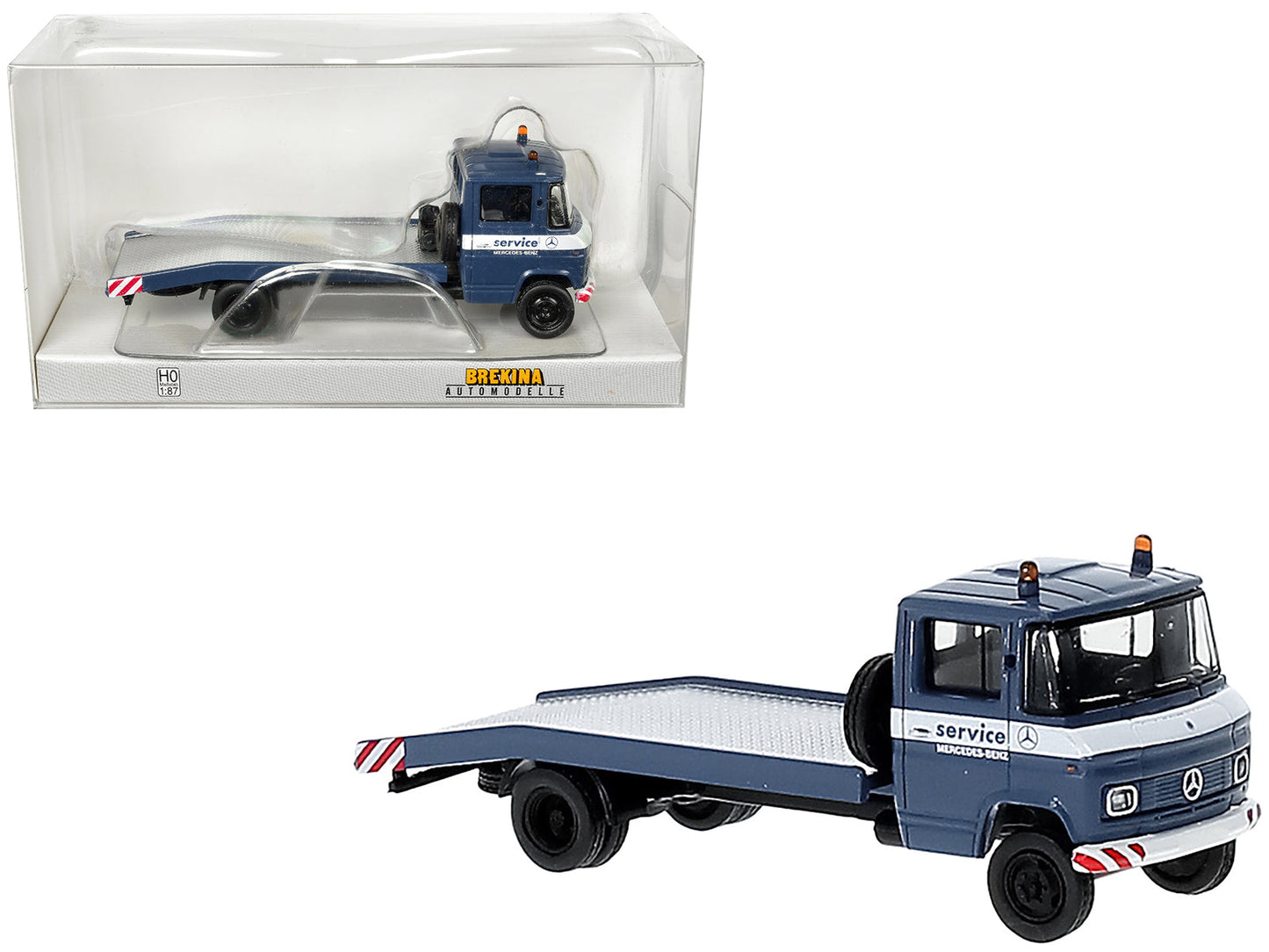 1968 Mercedes-Benz L 608 D Flatbed Truck Blue with White Stripes "Mercedes-Benz Service" 1/87 (HO) Scale Model Car