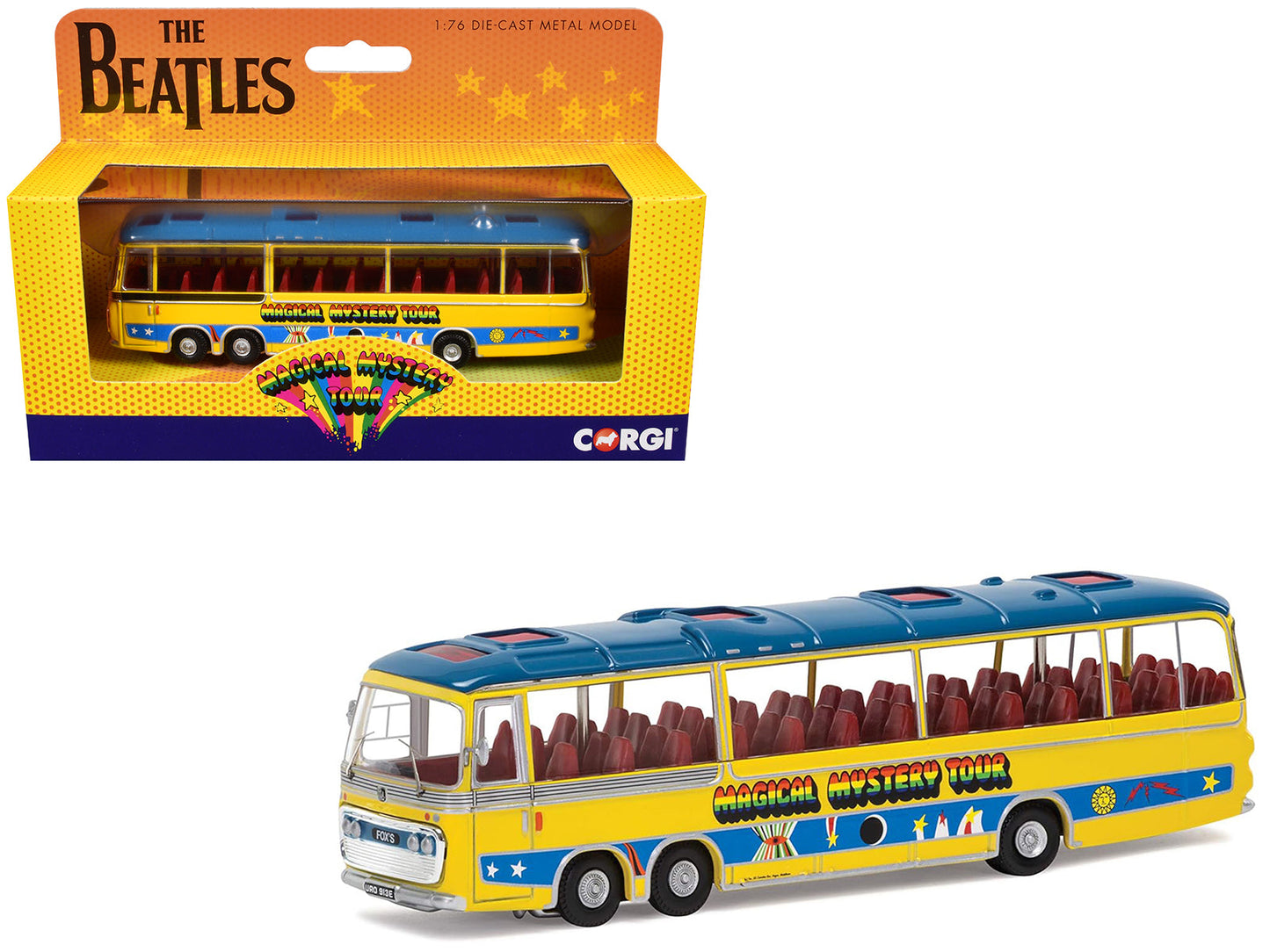 The Beatles "Magical Mystery Tour" Bus Yellow with Blue Top and Graphics Diecast Model Car