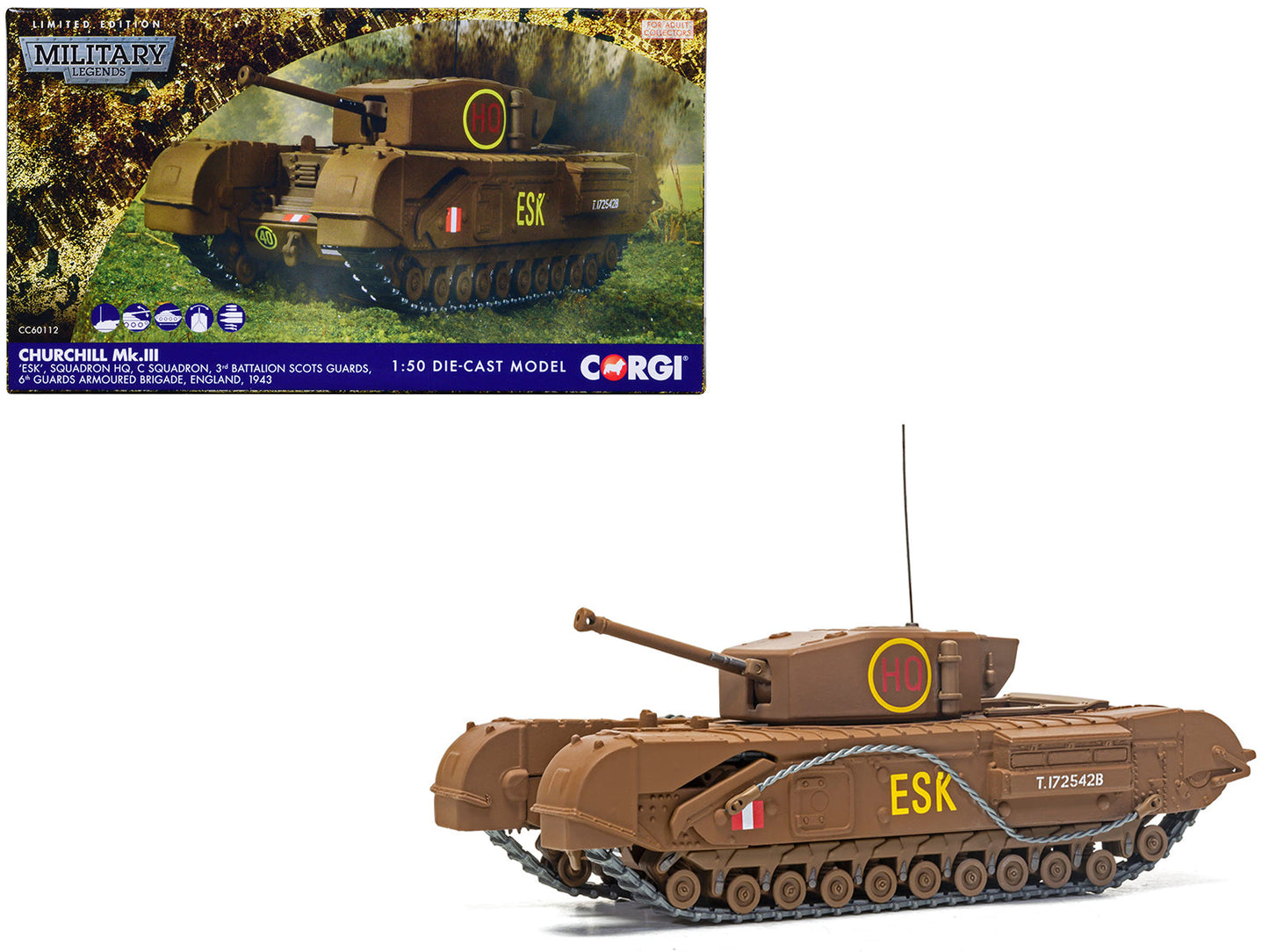 Churchill Mk.III Tank "ESK Squadron HQ C Squadron 3rd Battalion Scots Guards 6th Guards Armoured Brigade" (1943) British Royal Army "Military Legends" Series 1/50 Diecast Model