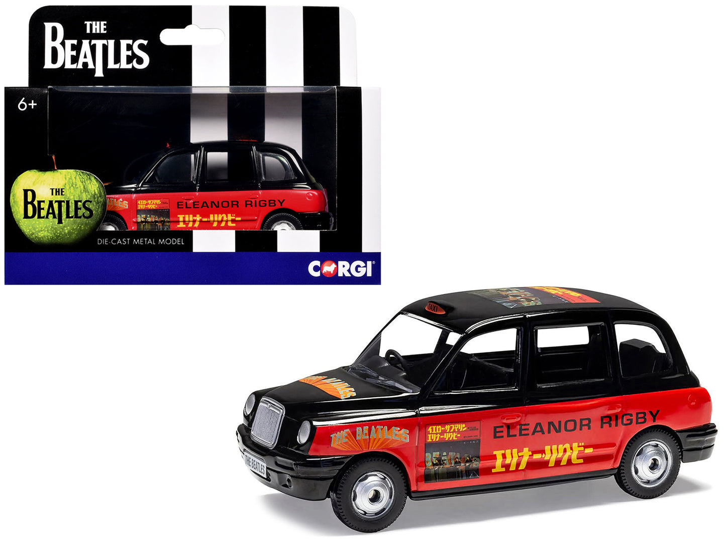 The Beatles London Taxi RHD (Right Hand Drive) "Eleanor Rigby - Yellow Submarine" Black and Red with Graphics Diecast Model