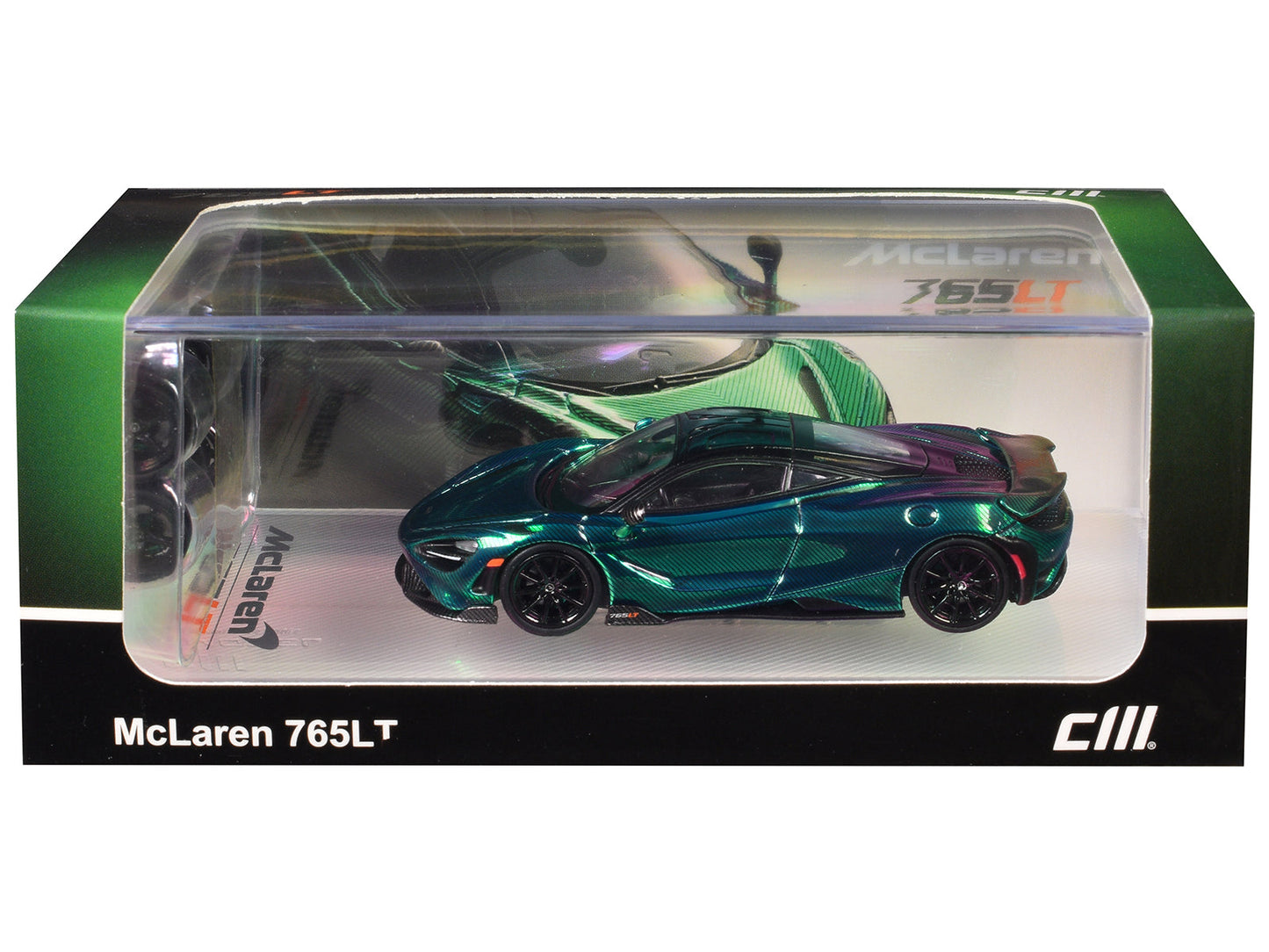 McLaren 765LT Green Carbon Metallic with Black Top and Extra Wheels 1/64 Diecast Model Car