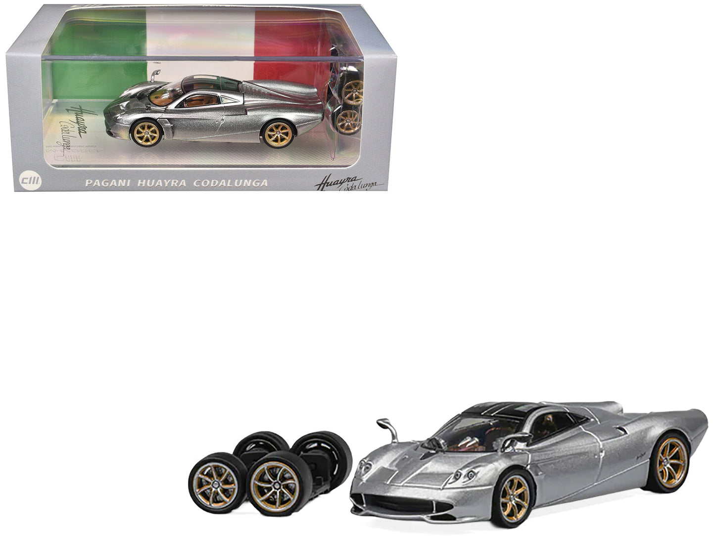 Pagani Huayra Codalunga Silver Metallic with Sunroof and Extra Wheels 1/64 Diecast Model Car