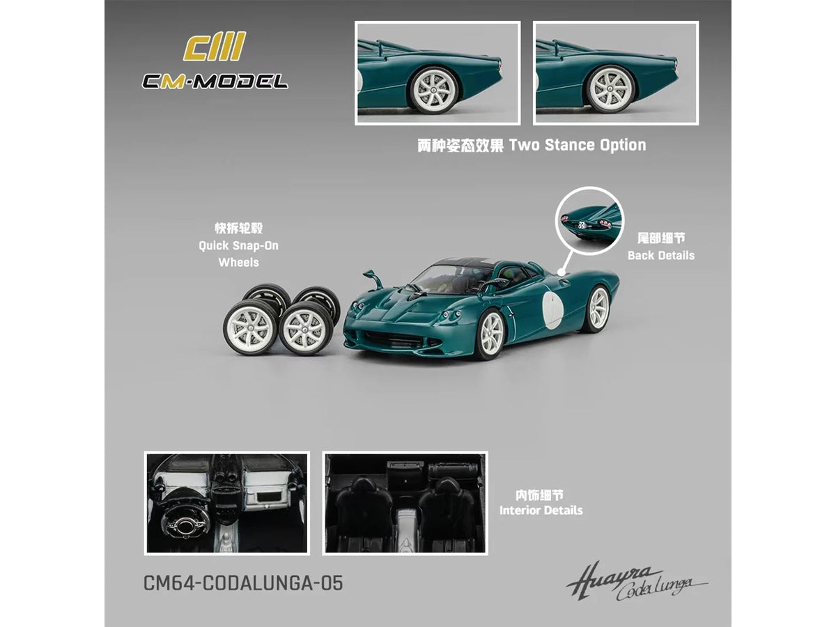 Pagani Huayra Codalunga Green with Sunroof and Extra Wheels 1/64 Diecast Model Car