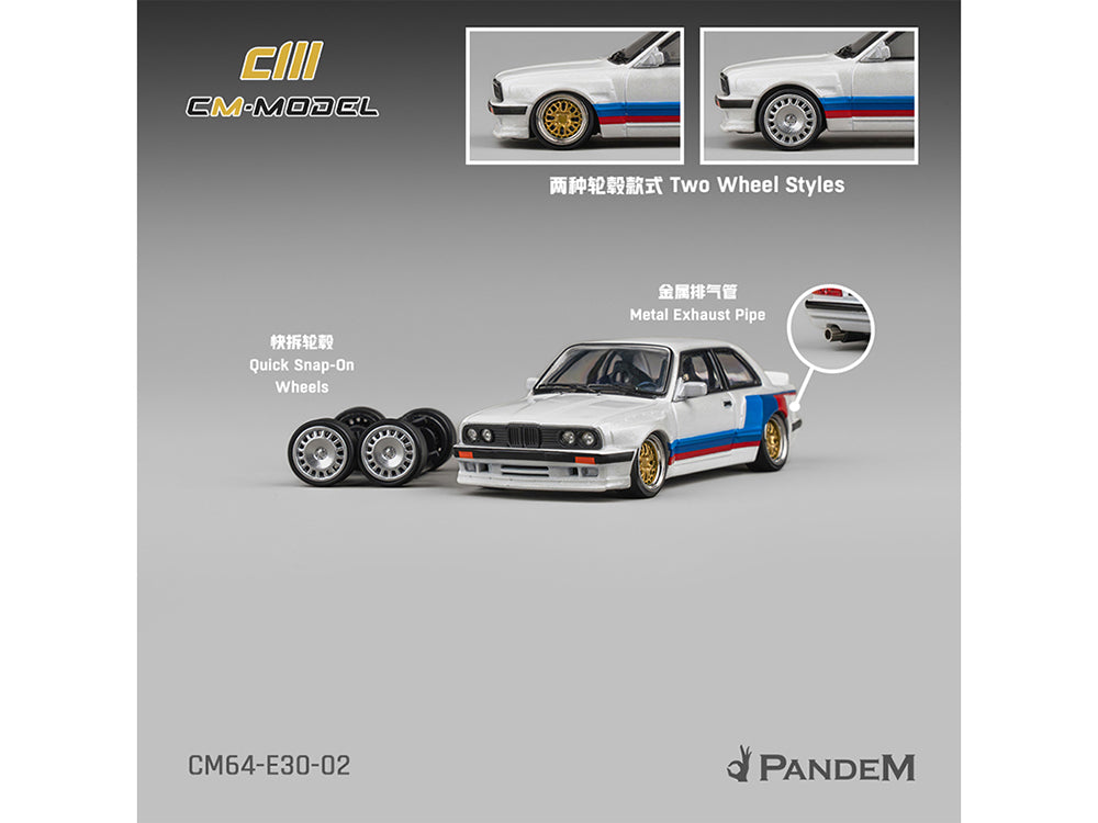 Pandem E30 V1 White with Stripes and Extra Wheels 1/64 Diecast Model Car