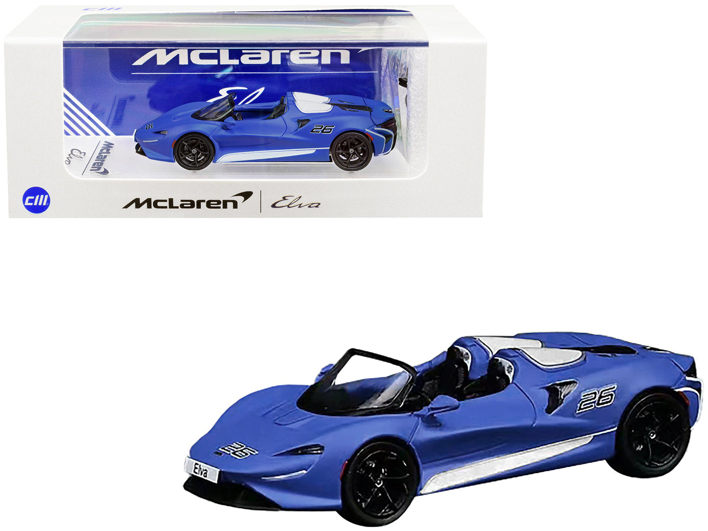 McLaren Elva Convertible #26 Matt Blue with White Stripes and Extra Wheels 1/64 Diecast Model Car