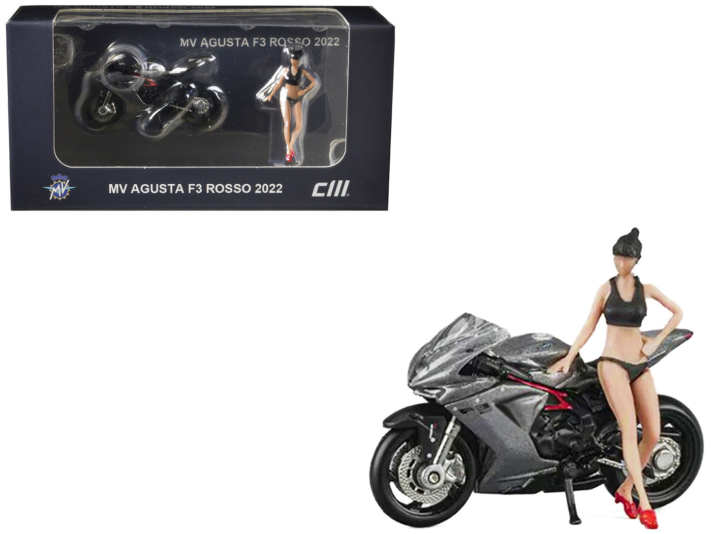 2022 MV Agusta F3 Rosso Motorcycle Silver Metallic with Figure 1/64 Diecast Model