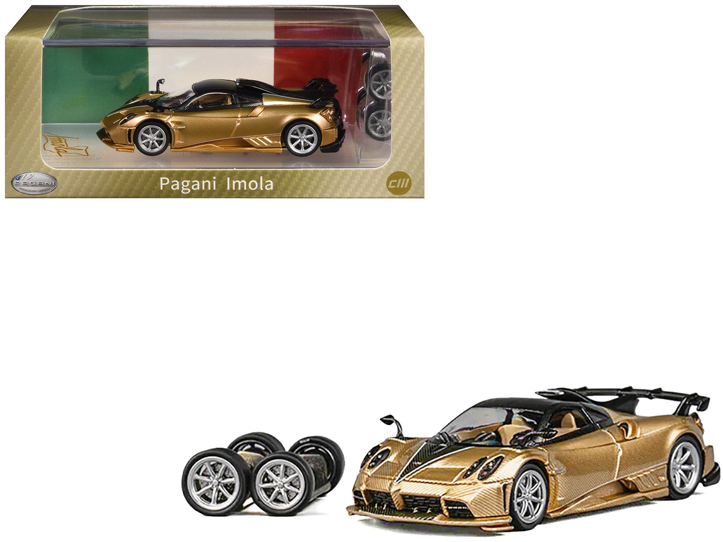 Pagani Imola Gold Carbon Metallic with Black Carbon Top with Extra Wheels 1/64 Diecast Model Car