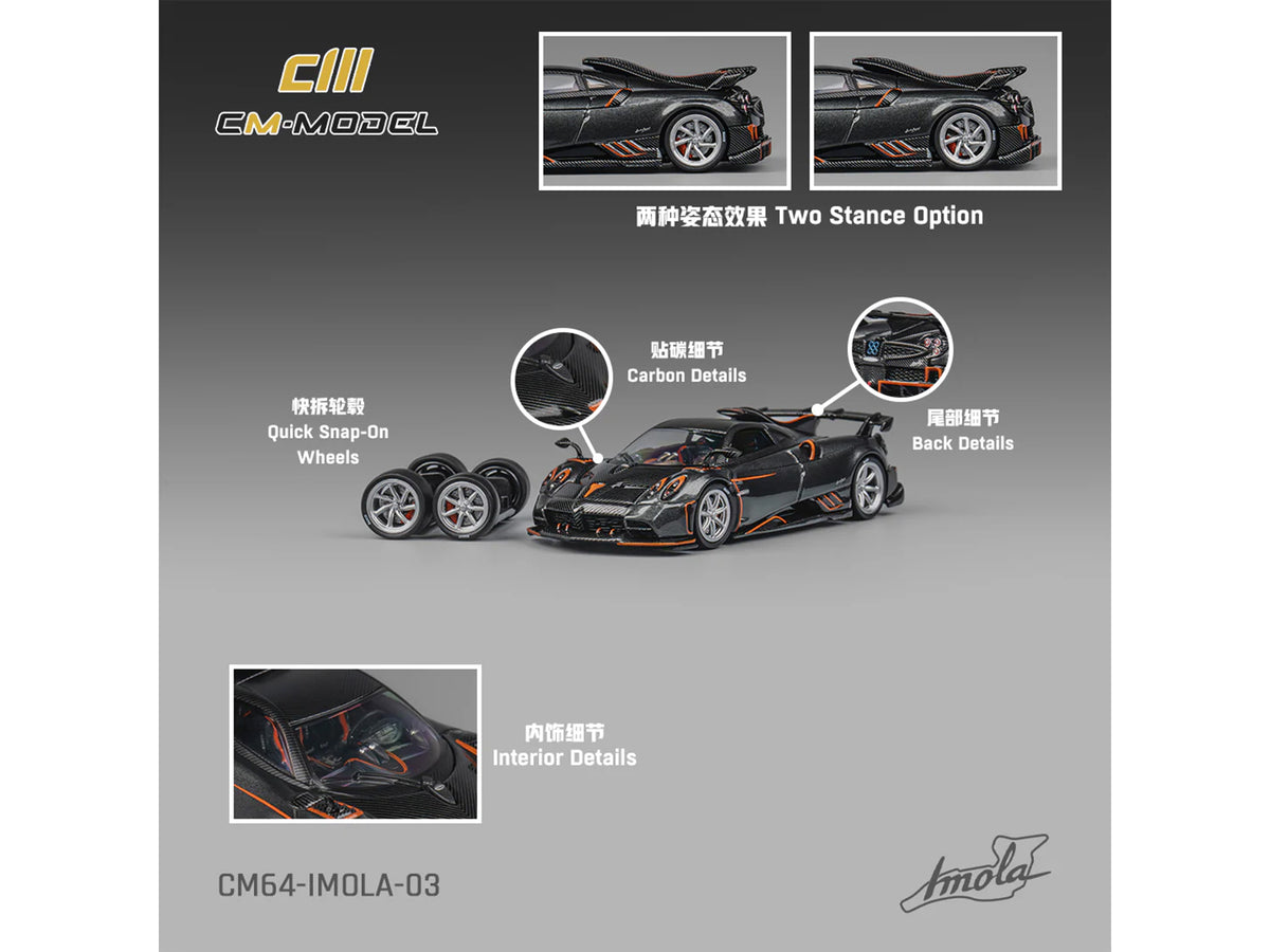 Pagani Imola Dark Gray Metallic with Carbon and Orange Accents with Extra Wheels 1/64 Diecast Model Car