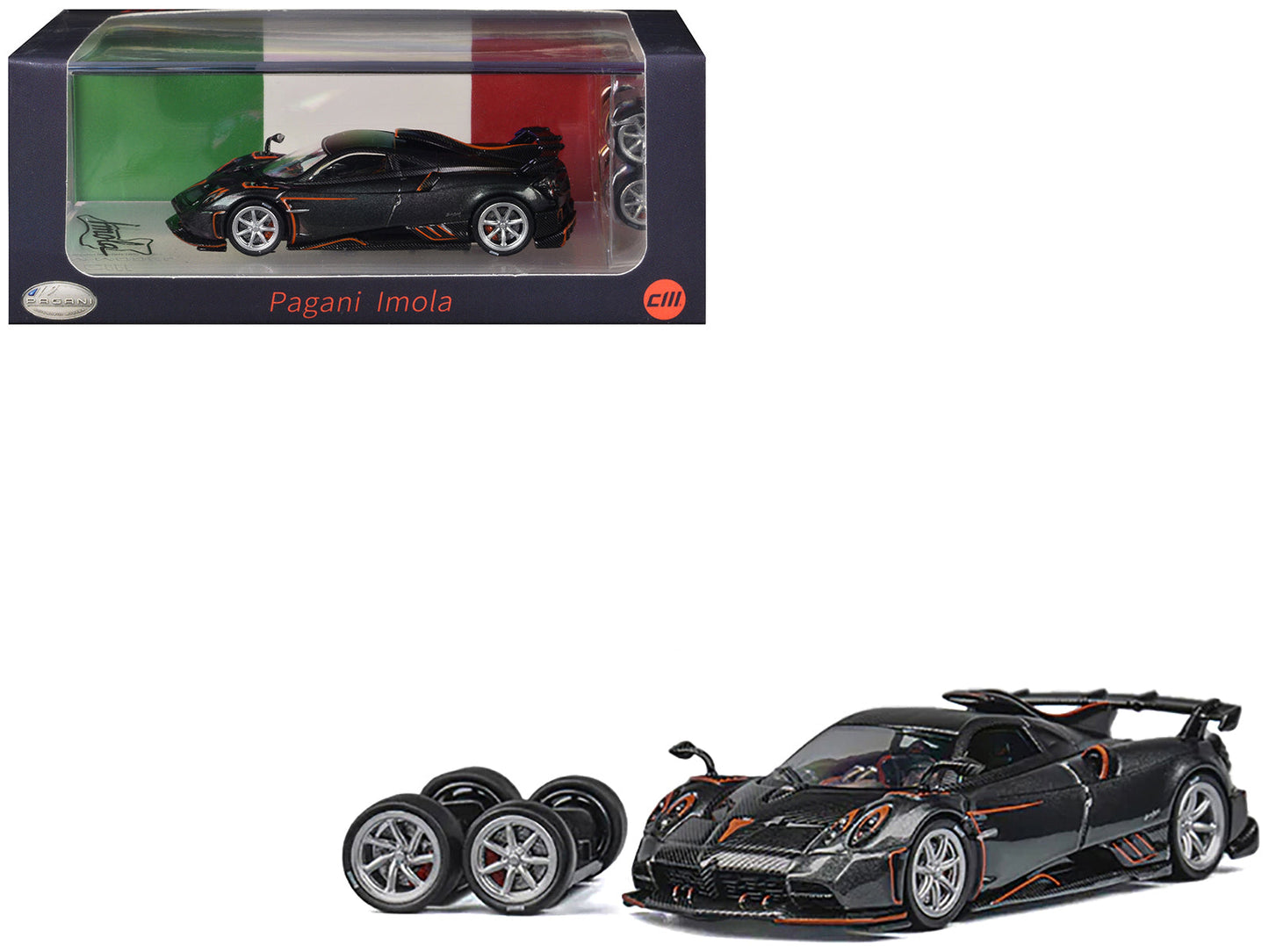 Pagani Imola Dark Gray Metallic with Carbon and Orange Accents with Extra Wheels 1/64 Diecast Model Car