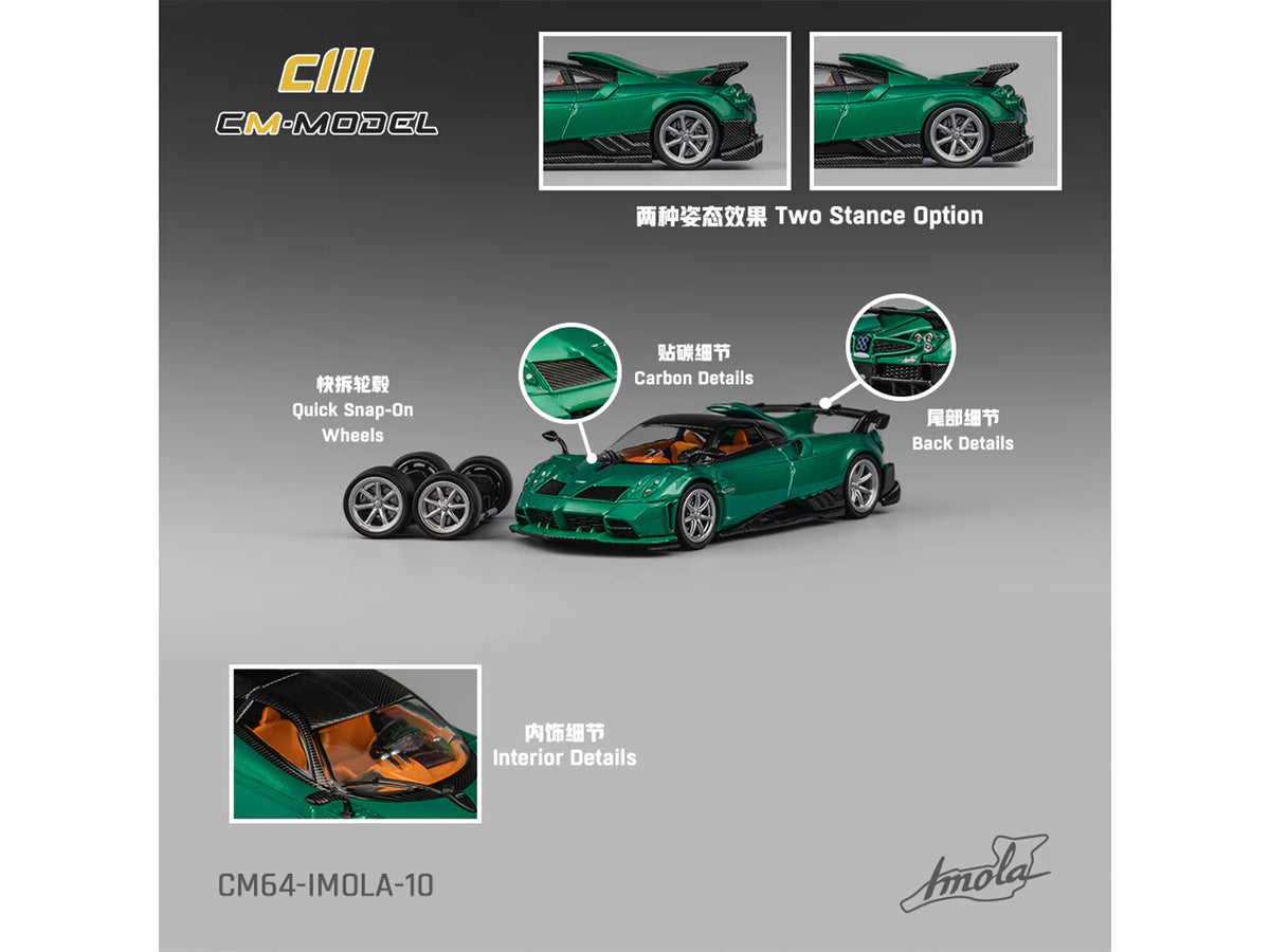 Pagani Imola Emerald Green Metallic with Carbon Top and Extra Wheels 1/64 Diecast Model Car