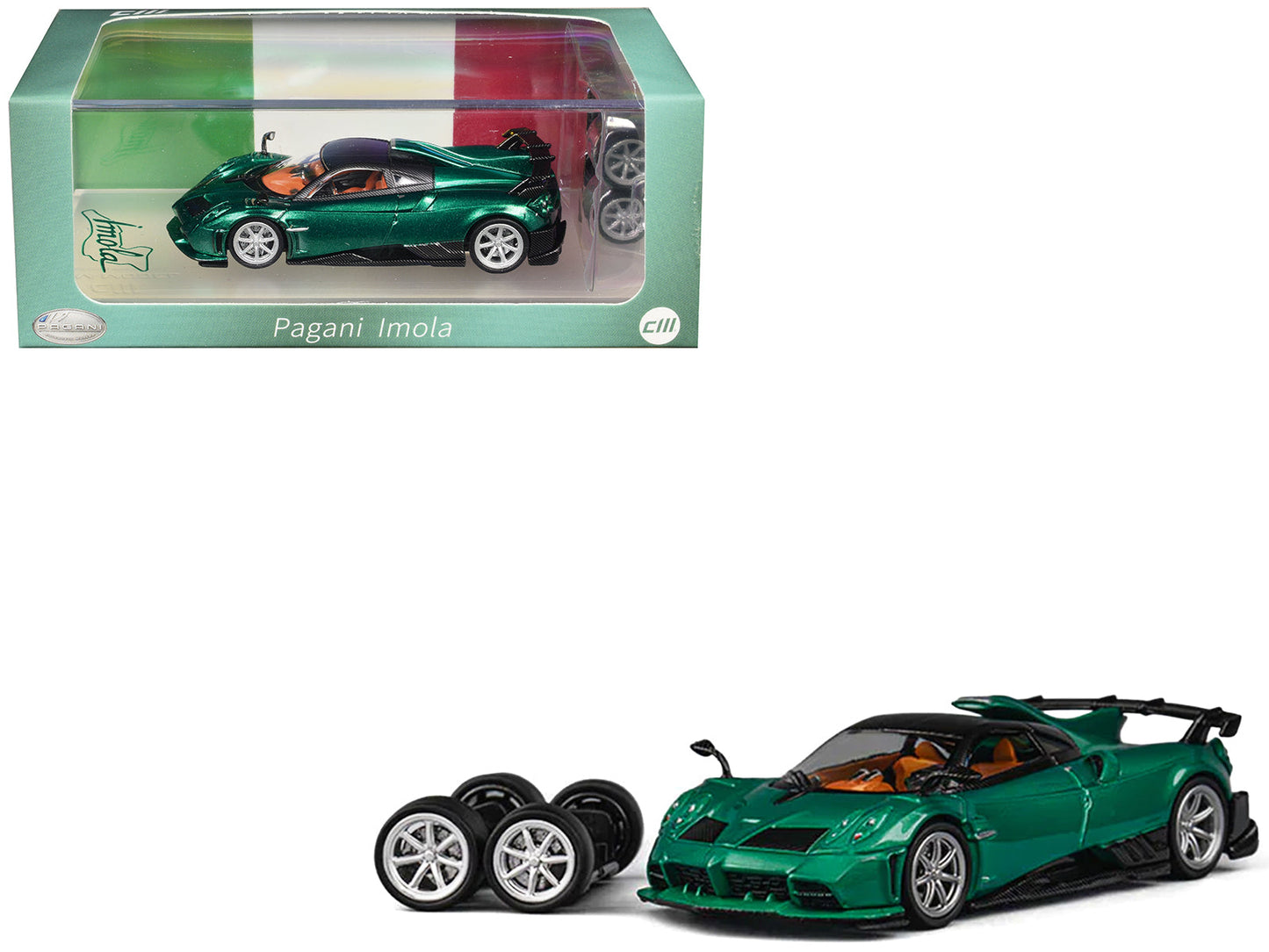 Pagani Imola Emerald Green Metallic with Carbon Top and Extra Wheels 1/64 Diecast Model Car
