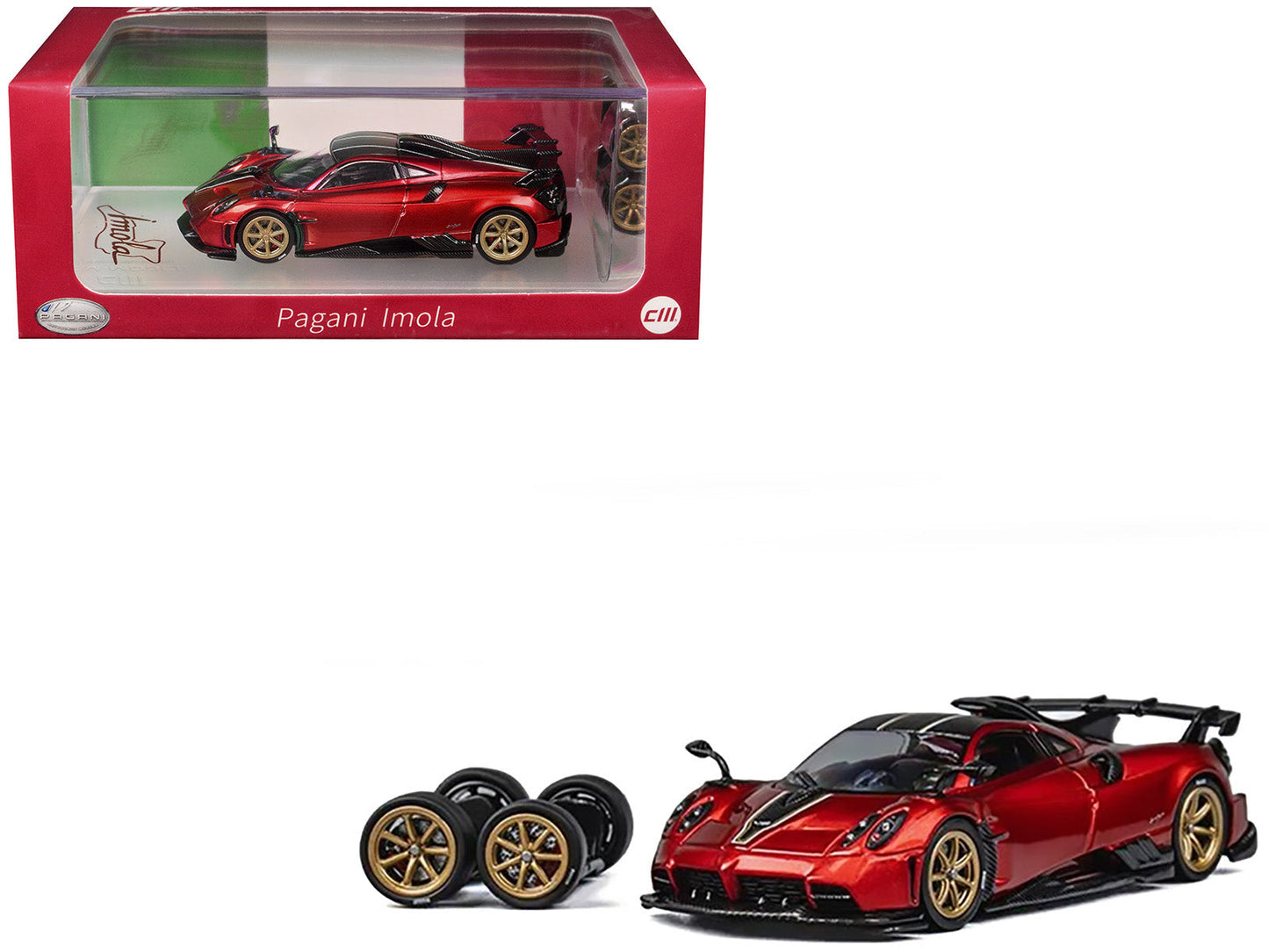Pagani Imola Red Metallic with Carbon Top and Stripes with Extra Wheels 1/64 Diecast Model Car