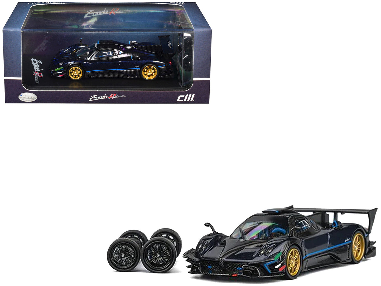 Pagani Zonda Revolucion Dark Blue Metallic and Carbon with Extra Wheels 1/64 Diecast Model Car