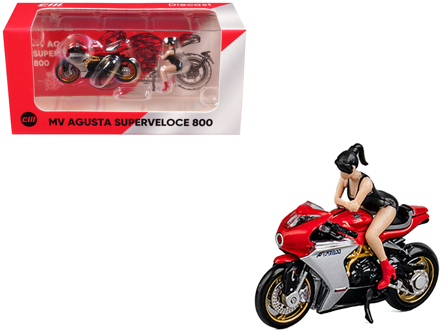 MV Agusta Superveloce 800 Motorcycle Red and Silver with Figure 1/64 Diecast Model