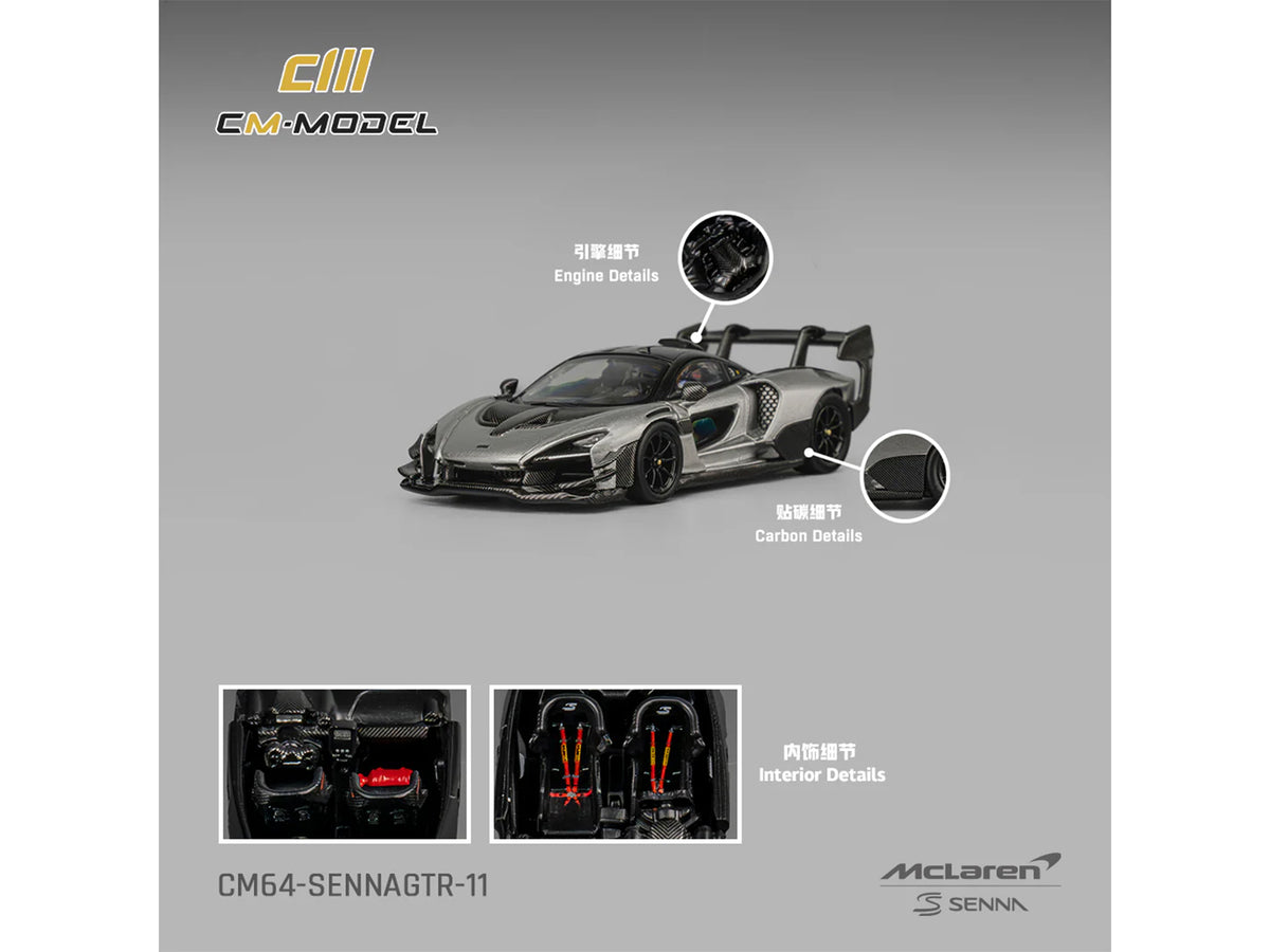 McLaren Senna GTR Silver Gray Metallic with Carbon Hood and Black Top 1/64 Diecast Model Car