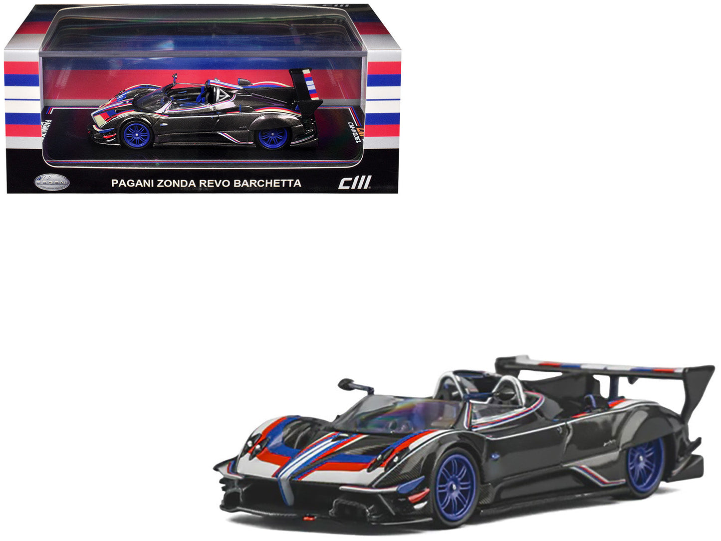 Pagani Zonda Revo Barchetta Carbon with Red White and Blue Stripes 1/64 Diecast Model Car